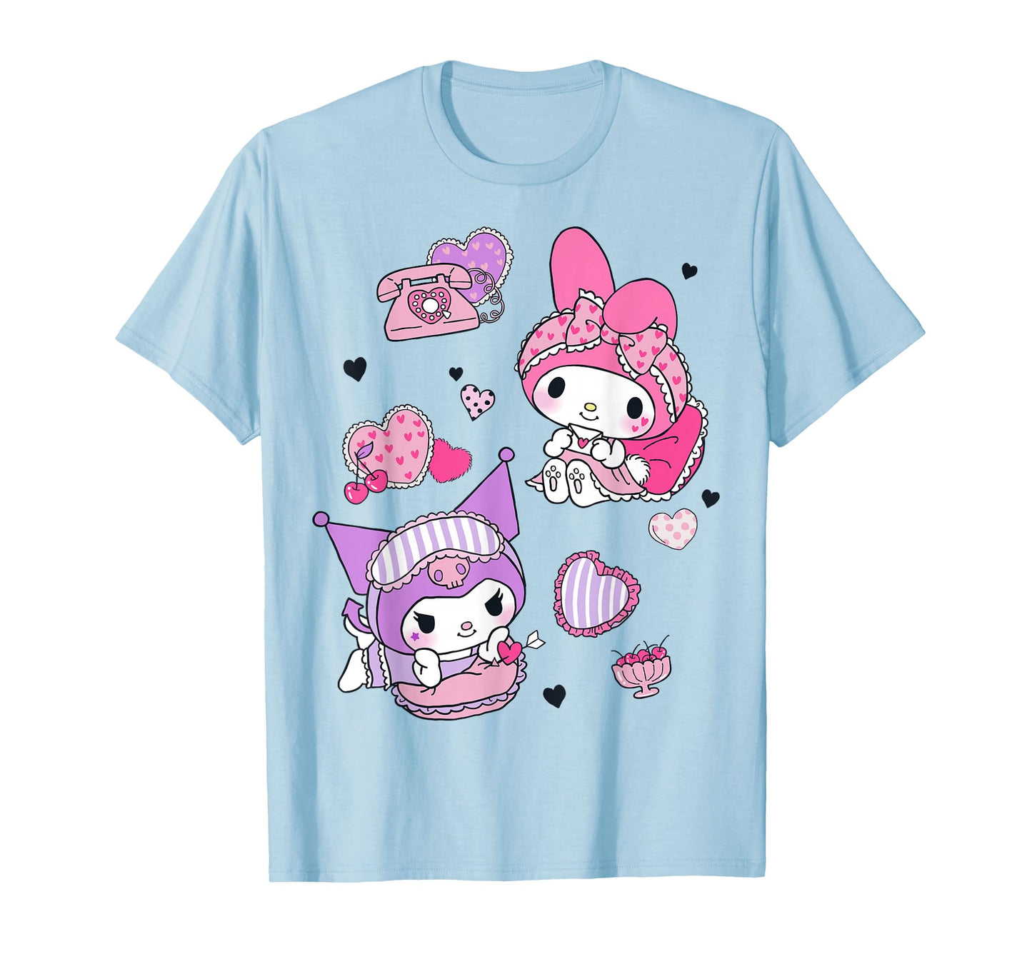 Hello Kitty My Melody and Kuromi Sleepover Fun Flying Hearts T-Shirt