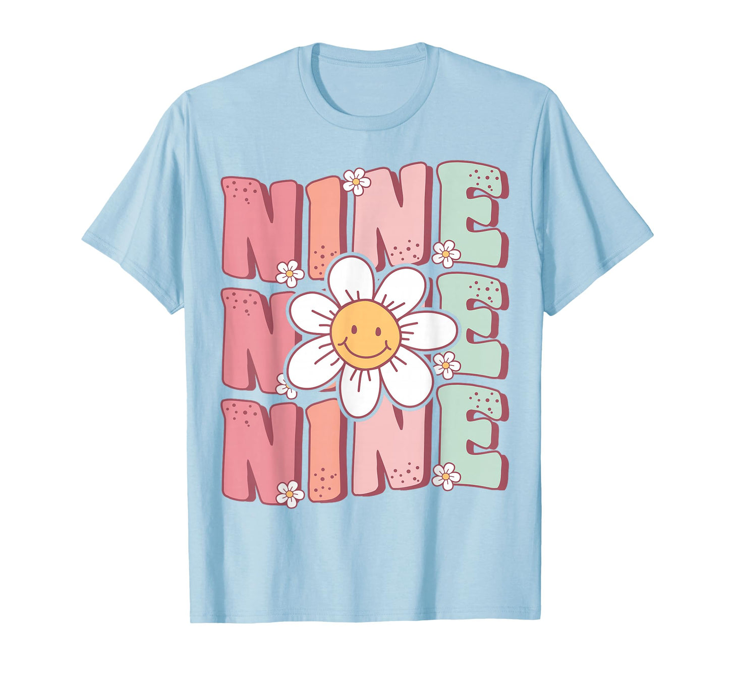 Cute Groovy 9th Birthday Party Daisy Flower Nine Year Old T-Shirt