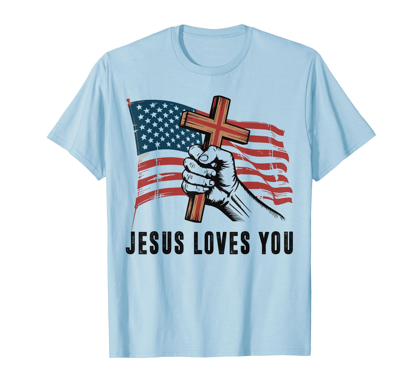 Mens Jesus Loves You Christian Patriotic Cross American Flag T-Shirt
