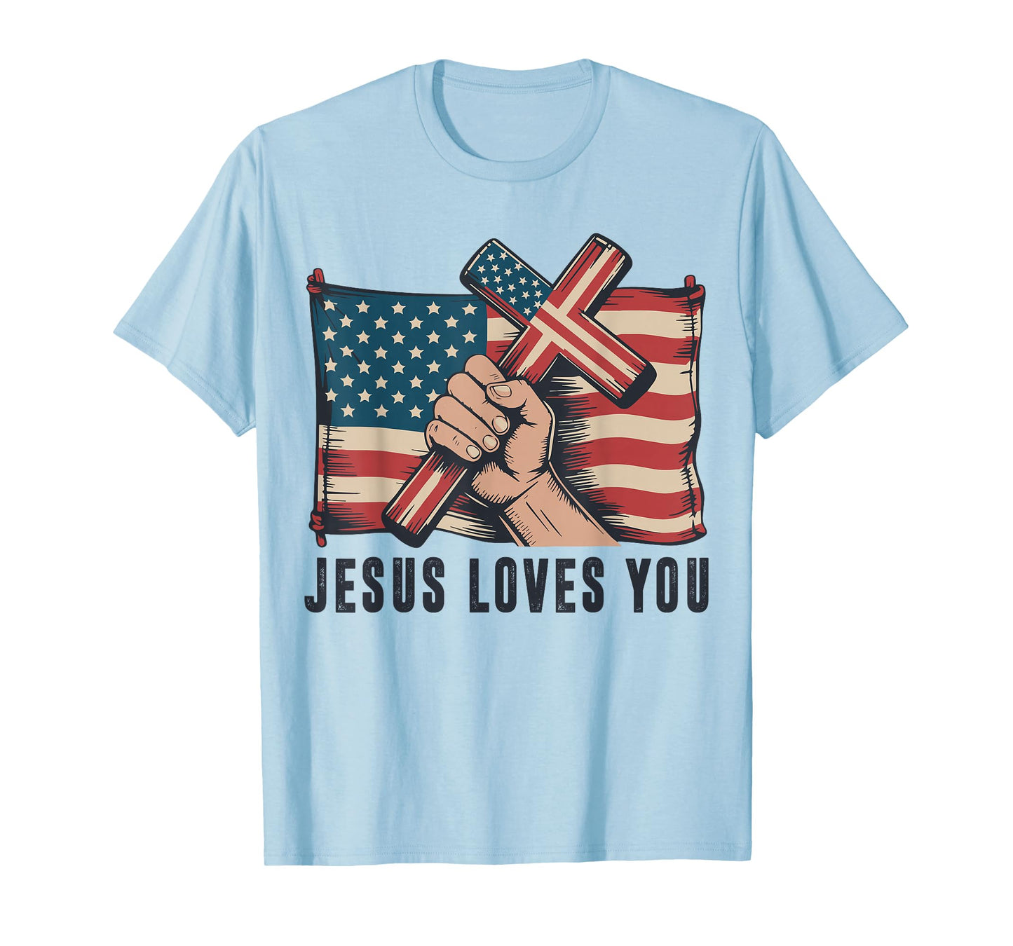 Mens Jesus Loves You American Flag Christian Patriotic Cross T-Shirt