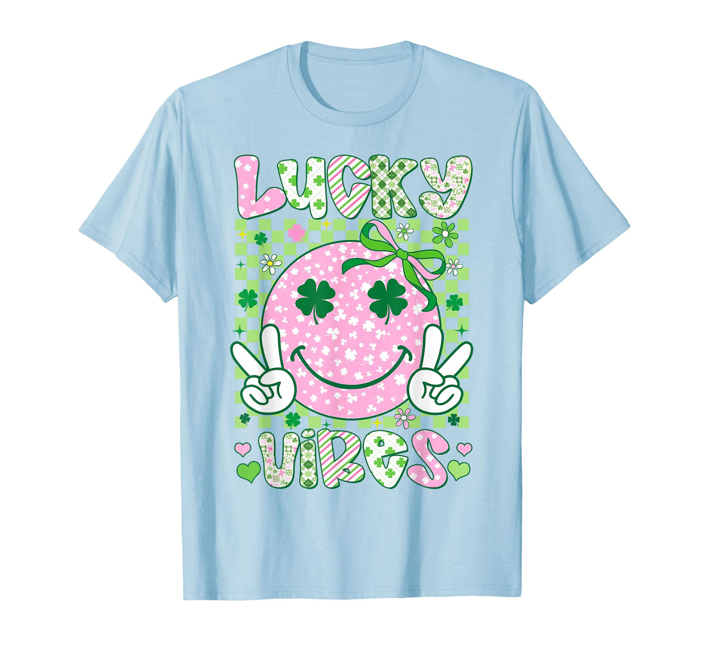 Kids St Patricks Day Lucky Vibes Shamrock Pink Women Girls T-Shirt