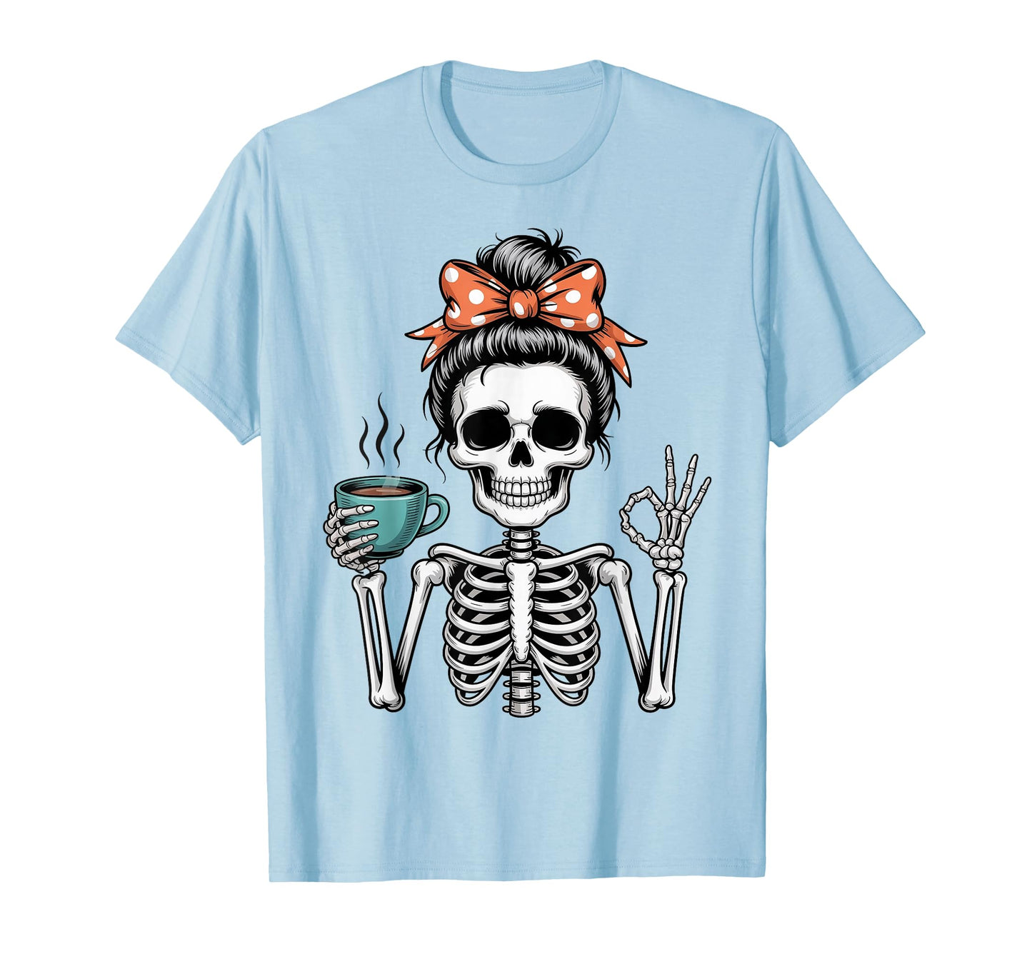 Messy Bun Skeleton Drinking Coffee Halloween Mom Women Girls T-Shirt