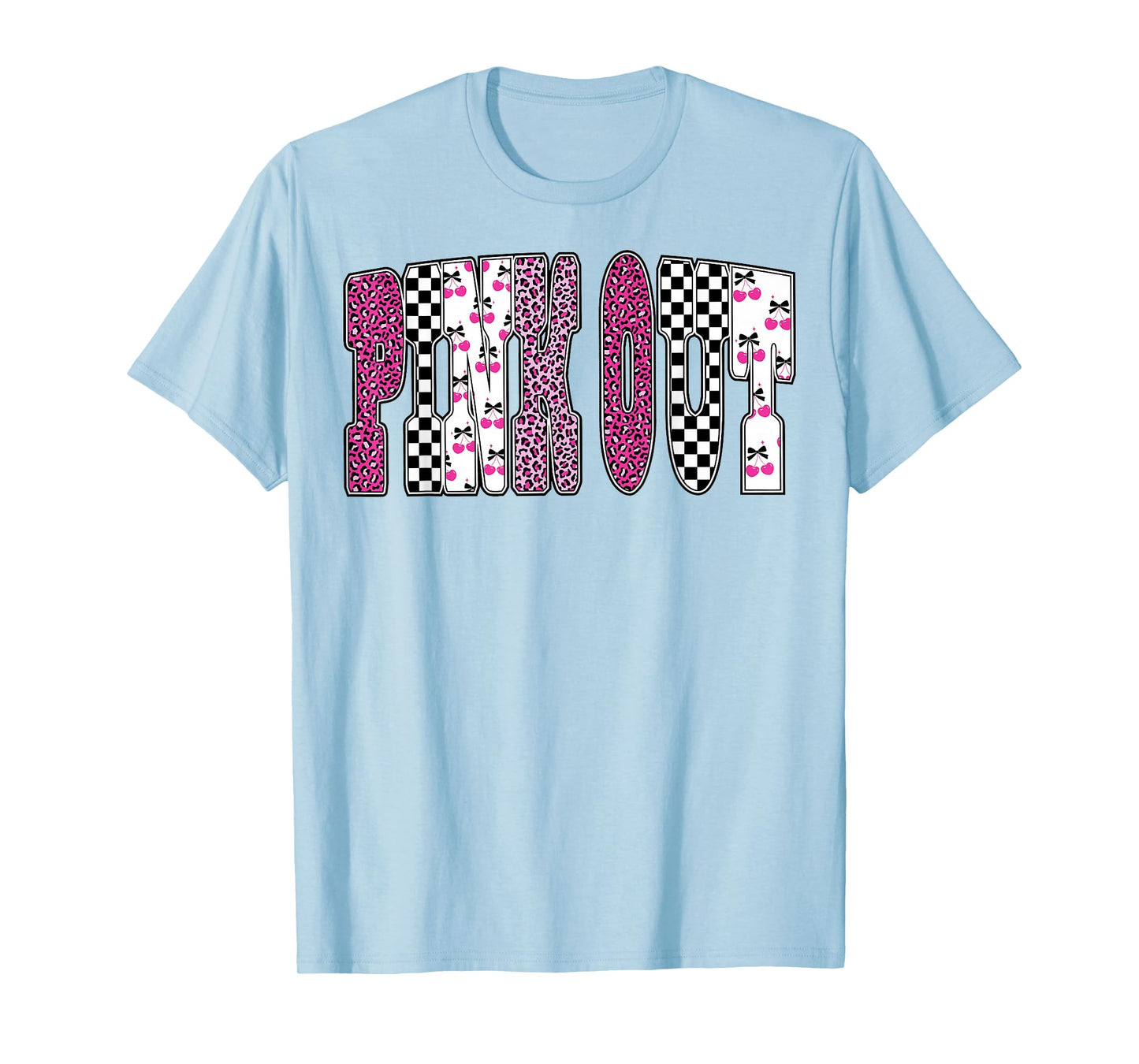 Pink Out Leopard Checkered Breast Cancer Football Game Day T-Shirt