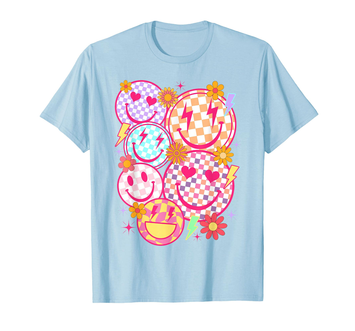 Retro Happy Face Checkered Pattern Smile Face Trendy Funny T-Shirt