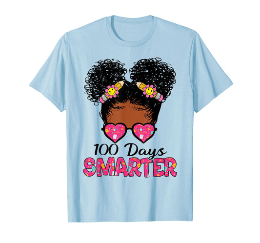 100 Days Smarter Black Girl Messy Bun 100th Day of School T-Shirt