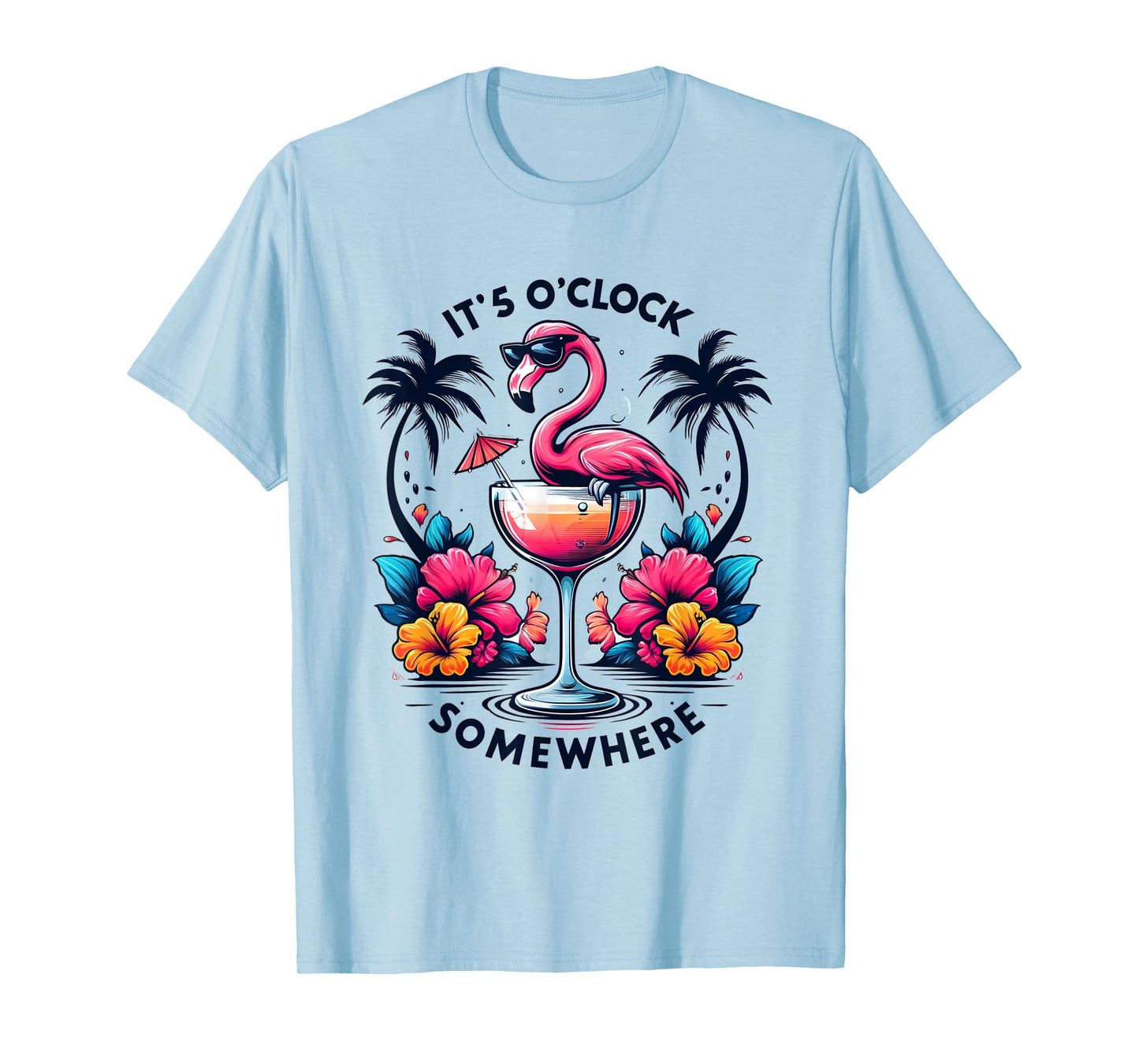 It's 5 O'Clock Somewhere Flamingo Beach Vacation Drinking T-Shirt for Men Women