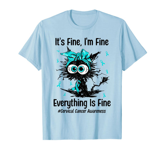 Motivational Cervical Cancer Awareness Cat Kitty Ribbon Teal T-Shirt