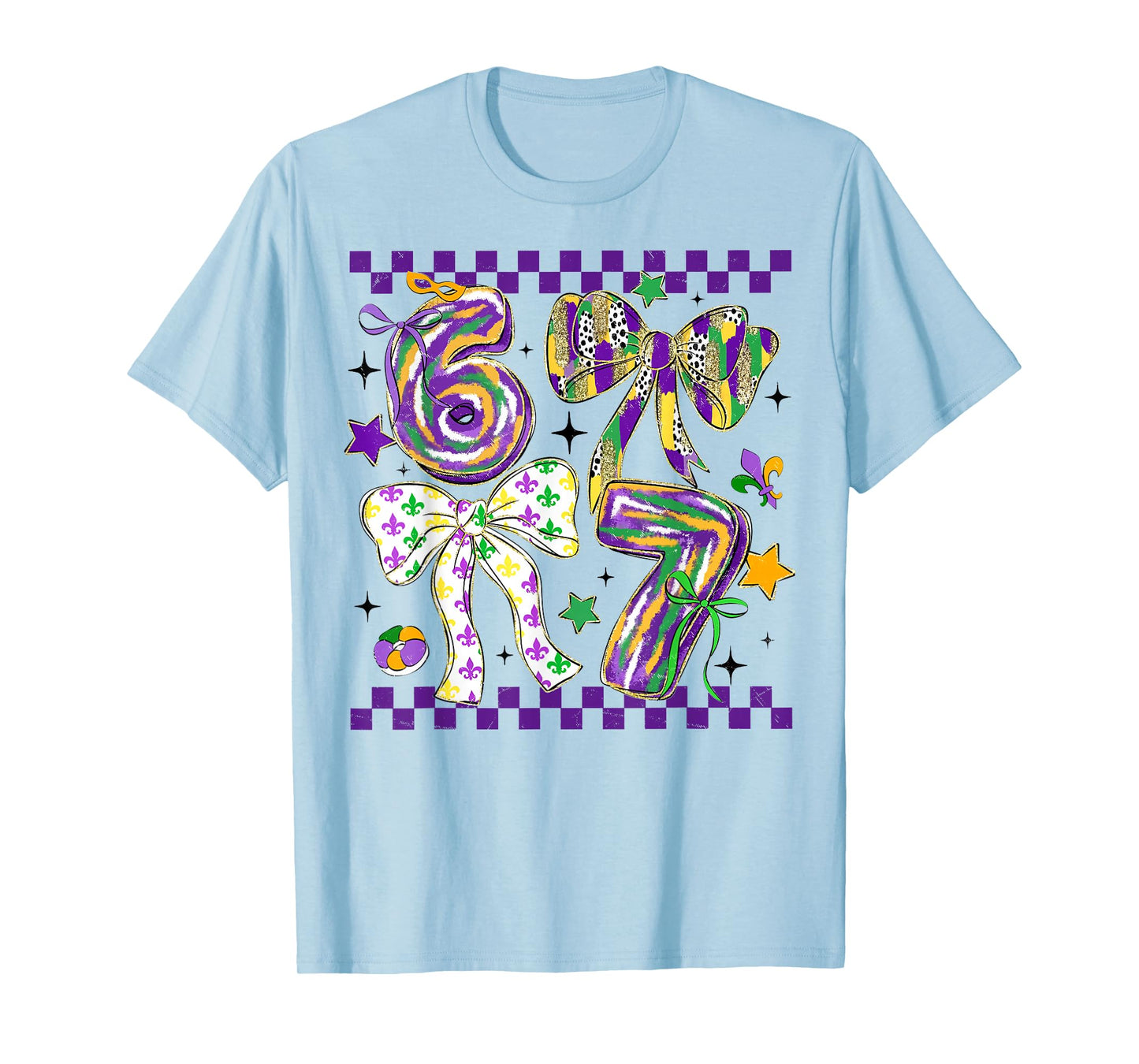 Mardi Gras Six Seven Bow Jester Beads 6 7 Meme Girls Kids T-Shirt