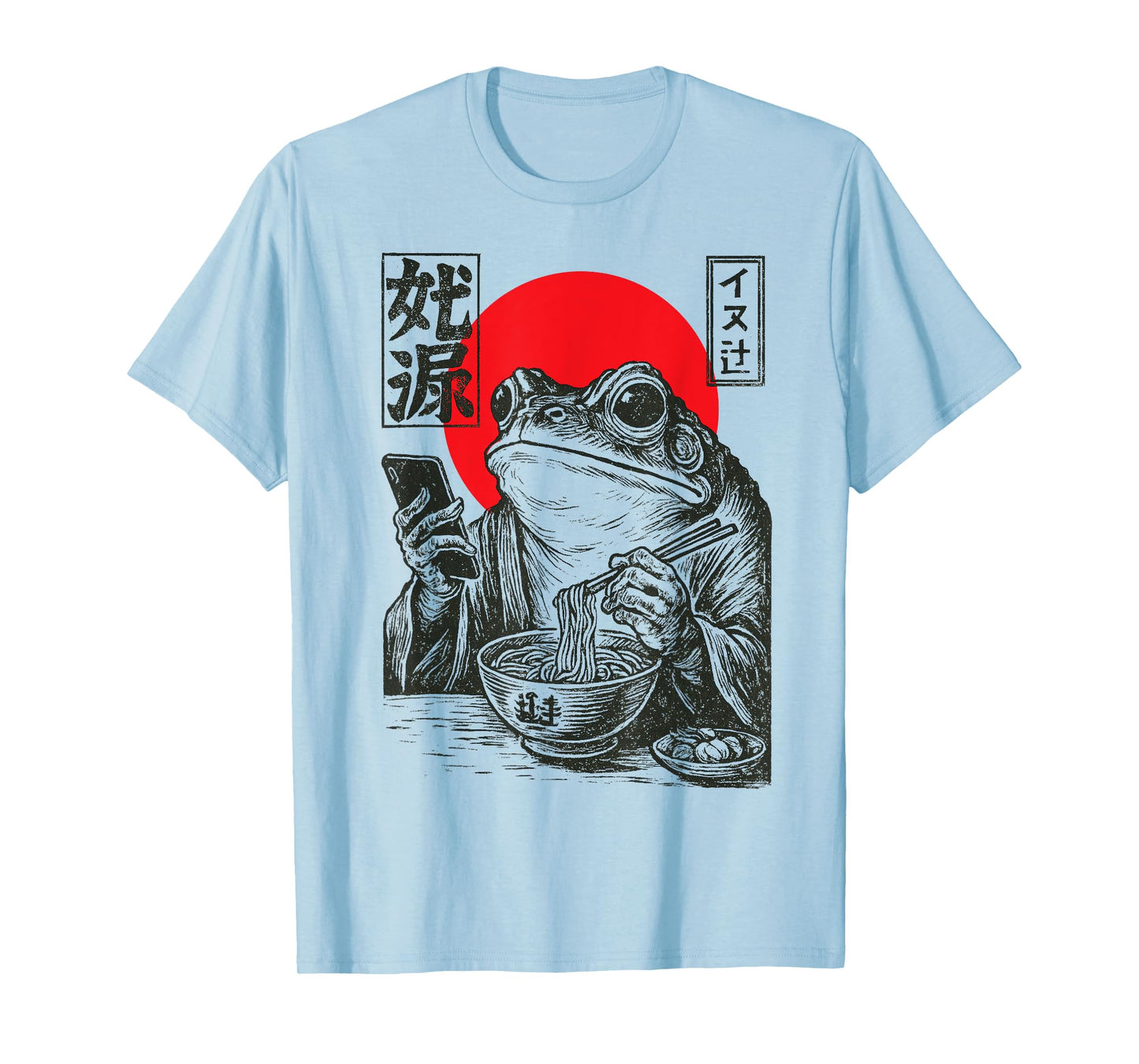 Funny Grumpy Frog Eat Ramen and Scroll Phone Japanese Art T-Shirt