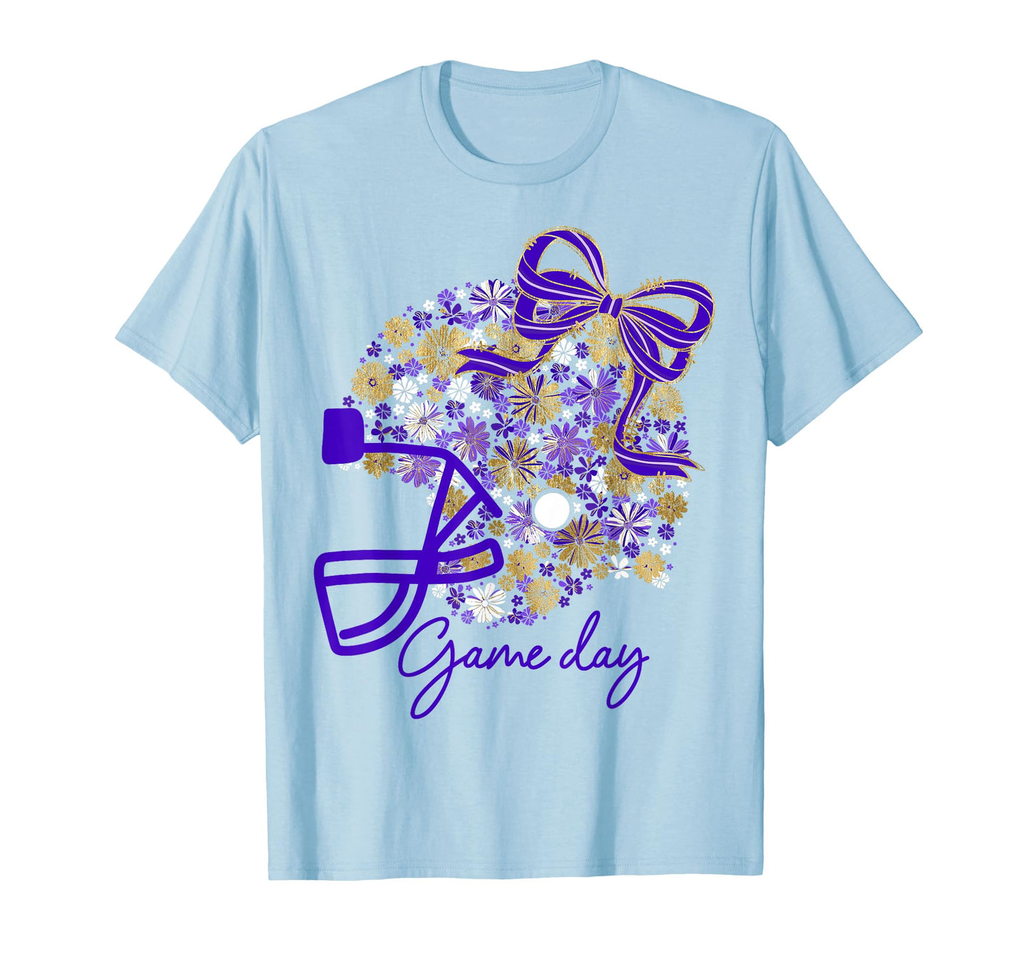 Floral Football Game Day Girly Bow Team Spirit Purple & Gold T-Shirt