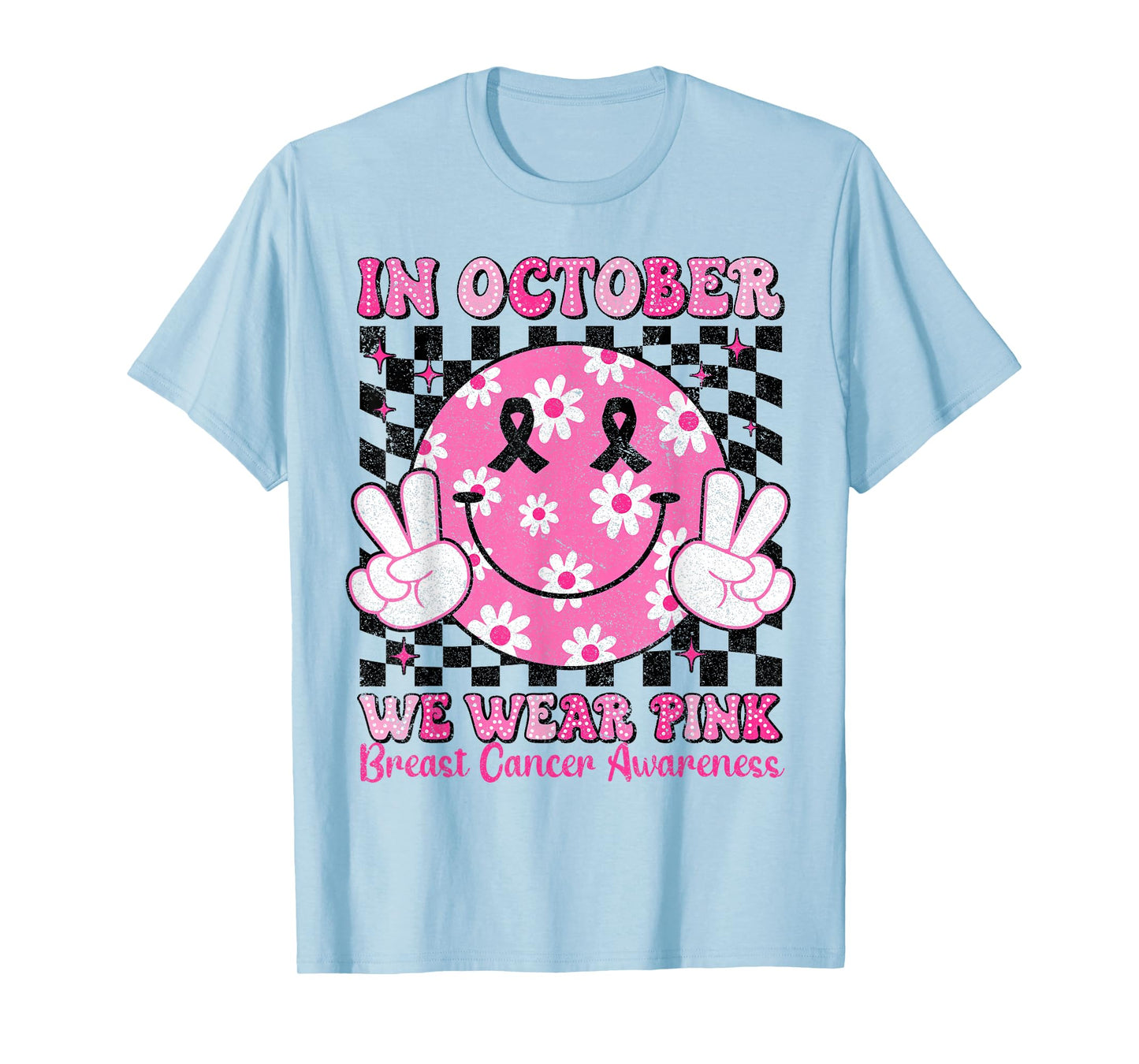 in October We Wear Pink Breast Cancer Awareness Checkered T-Shirt