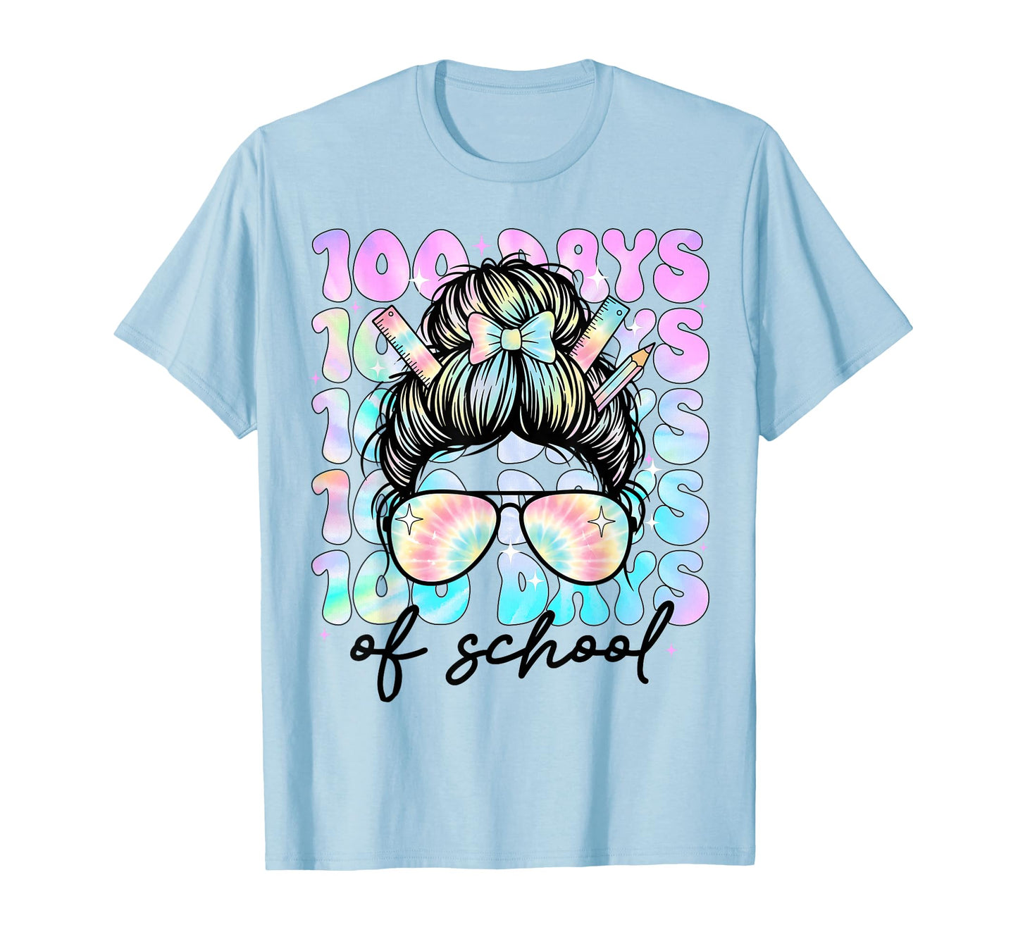 100 Days of School Girls Women 100th Day of School Messy Bun T-Shirt