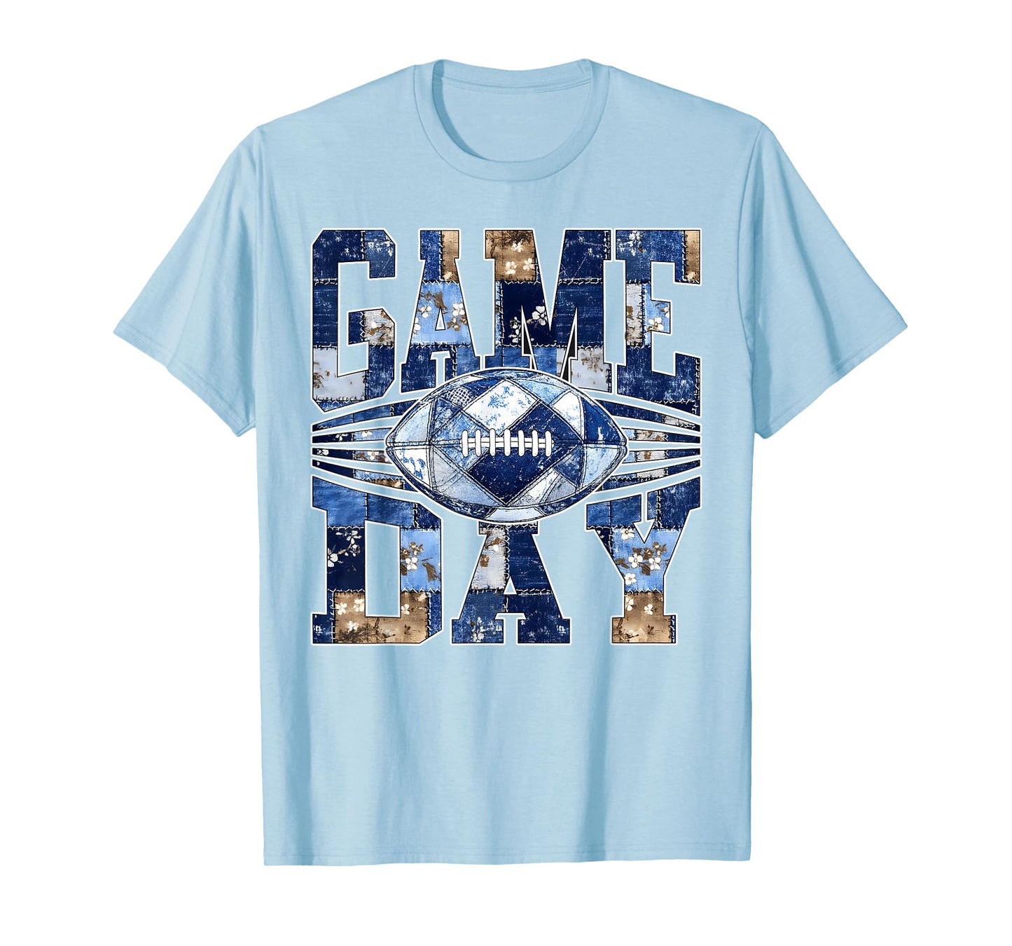 Patchwork Blue Denim Game Day Football Touchdown Season T-Shirt