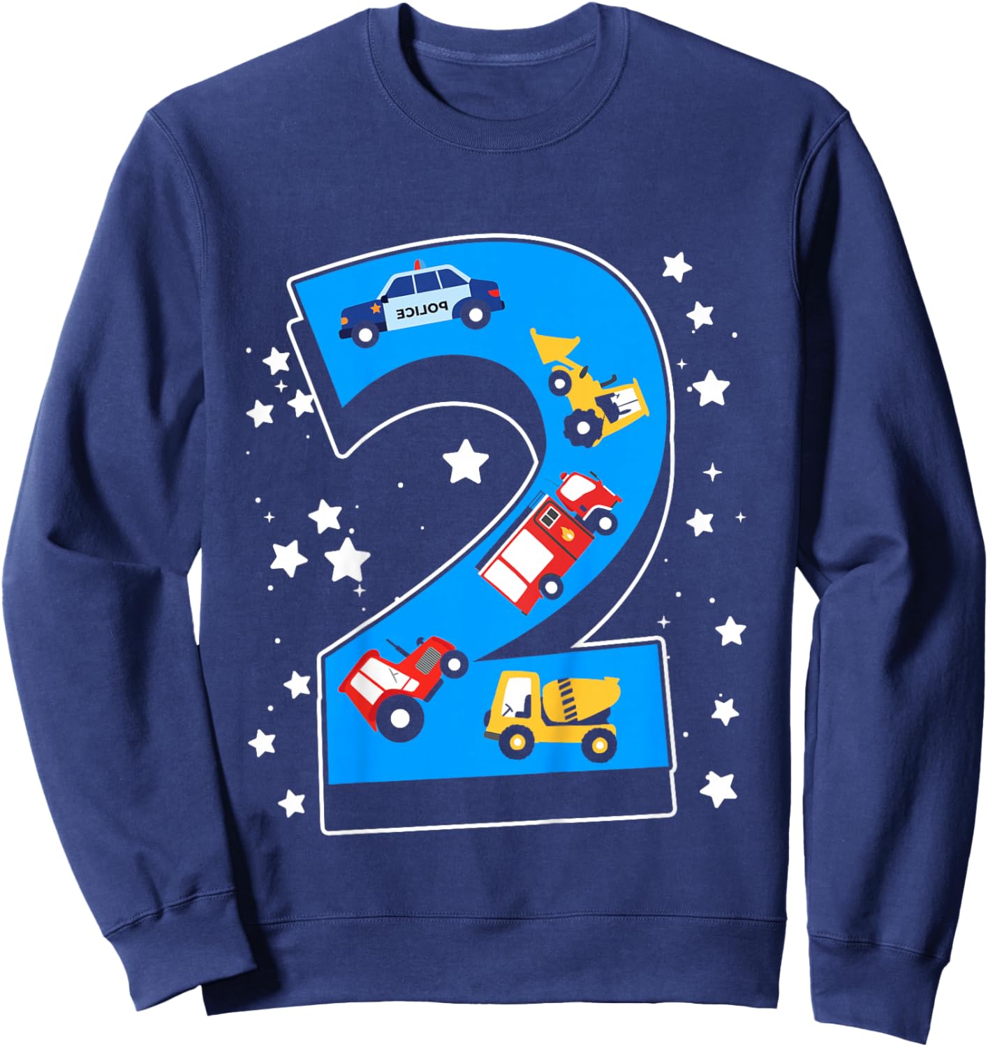 Kids 2nd Birthday 2 Years with firetruck and police car Sweatshirt - Sweatshirt | Navy