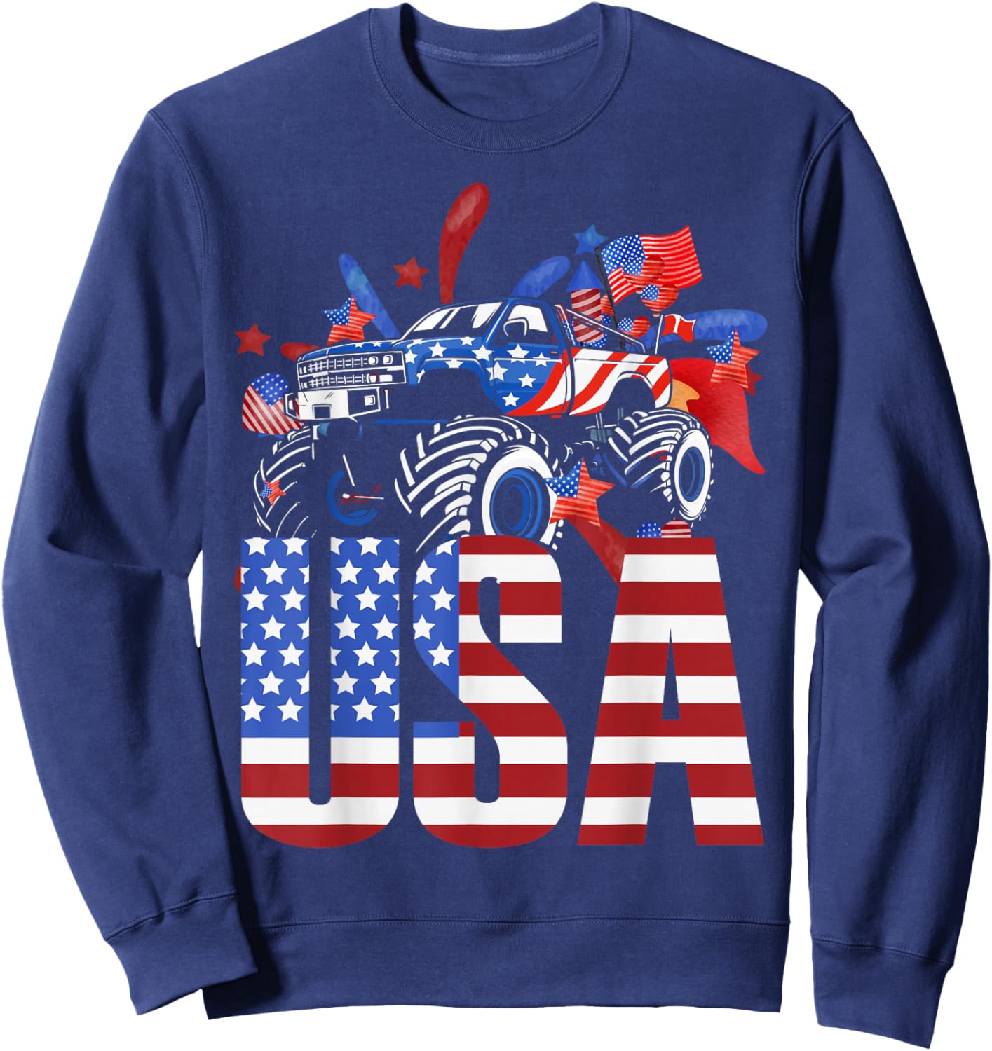 Monster Truck Toddler Boys USA American Flag July 4th Small Sweatshirt - Sweatshirt | Navy