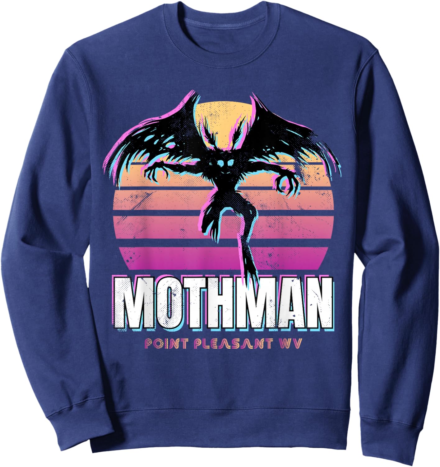 Retro Mothman 80s Cryptid Sunset Sweatshirt - Sweatshirt | Navy