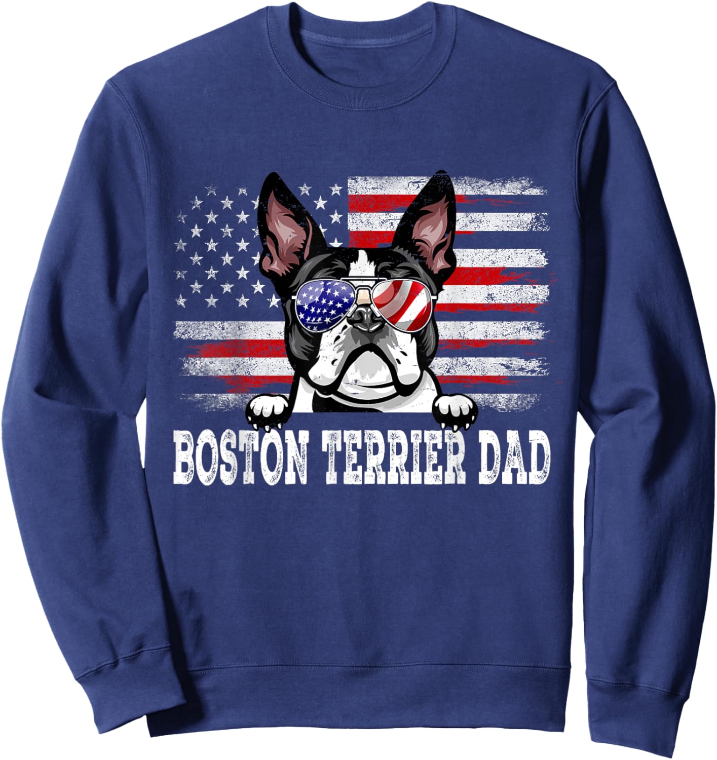 Vintage Boston Terrier Dad American Flag Father's Day Sweatshirt - Sweatshirt | Navy