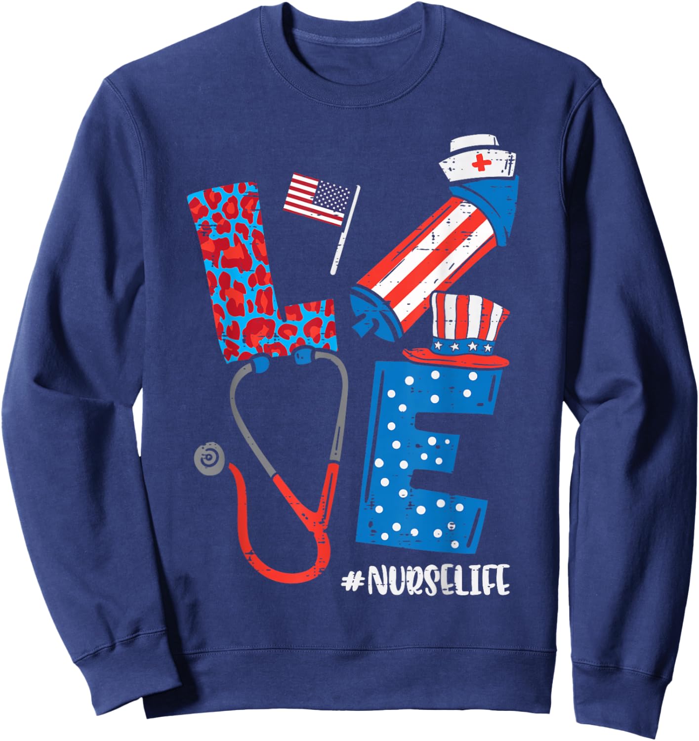Love Leopard Nurse Life 4th Of July Scrub Top Patriot Women Sweatshirt - Sweatshirt | Navy