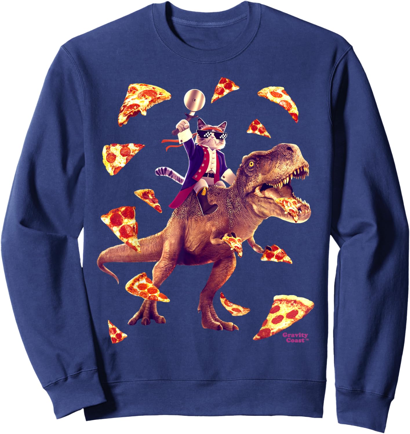 Samurai Cat Riding T Rex Eating Pizza Funny Dino for Kids Sweatshirt - Sweatshirt | Navy