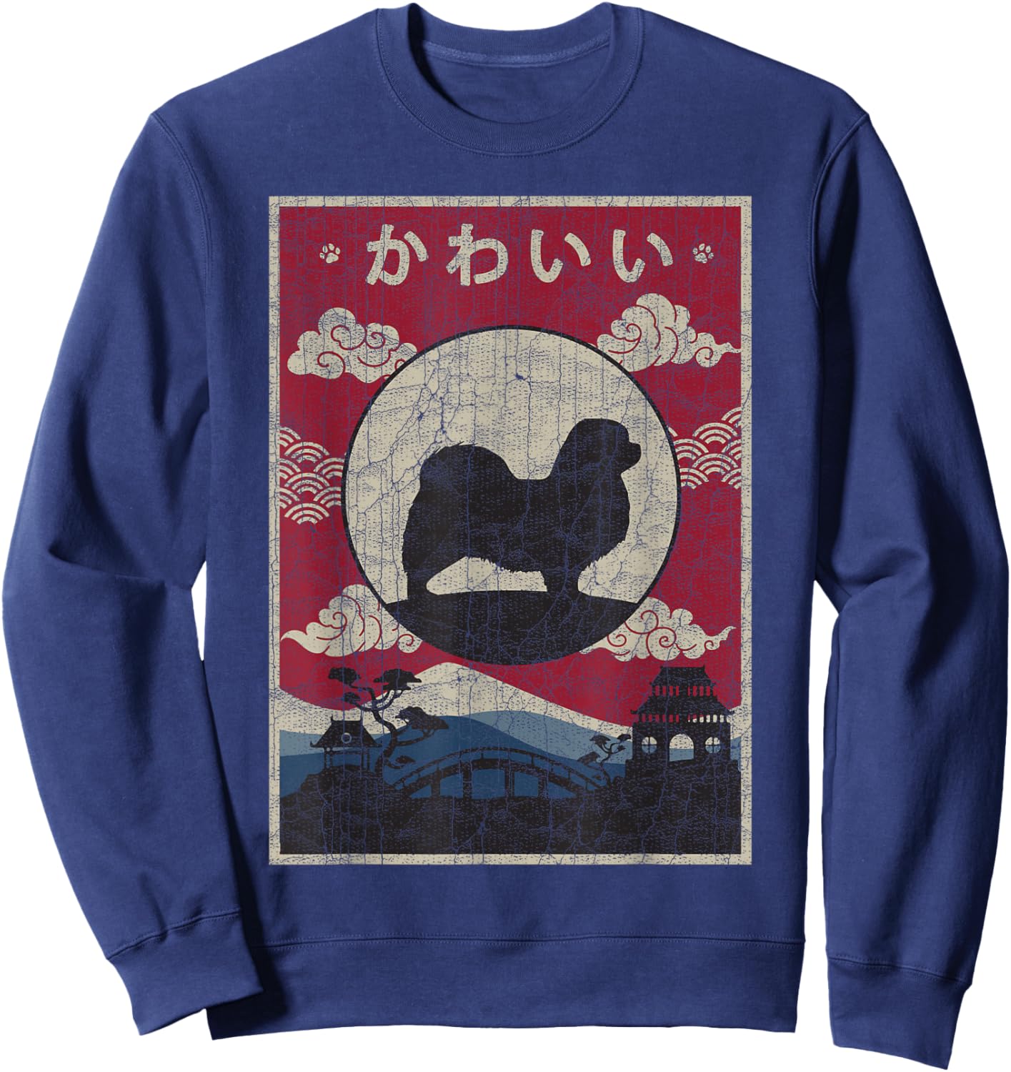 Tibetan Spaniel Japanese Design Kawaii Dog Mom Dad Sweatshirt - Sweatshirt | Navy