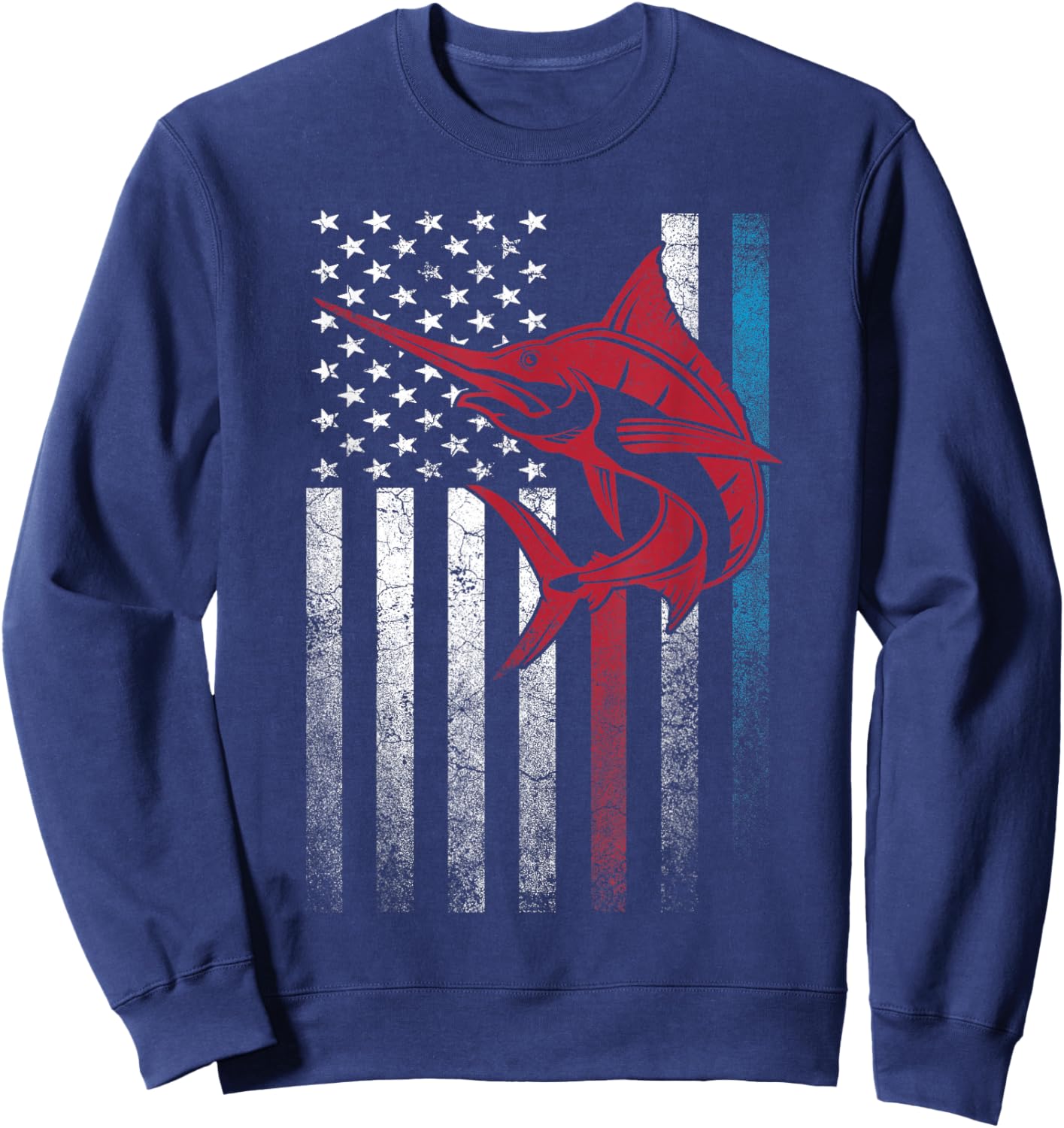 Marlin Fish Fishing 4th of July Shirt Gift American Flag Sweatshirt - Sweatshirt | Navy