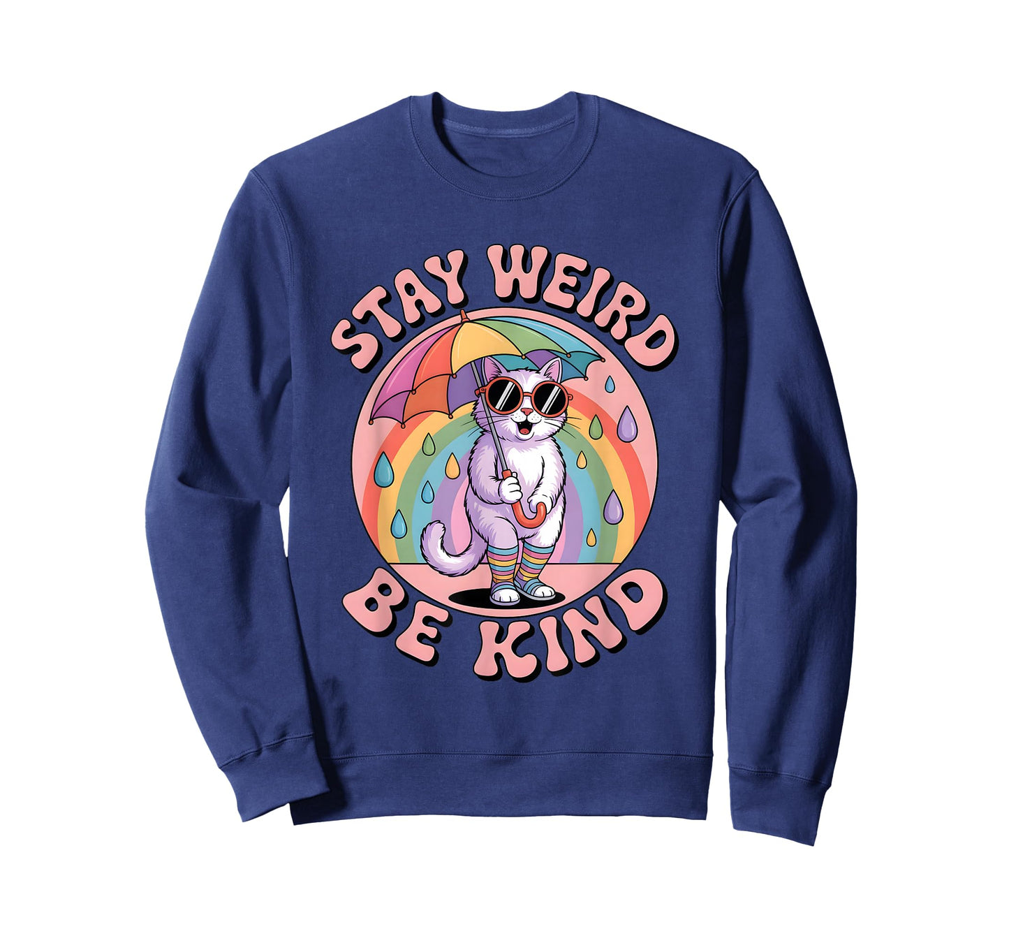 Stay Weird Be Kind Kindness Retro 80s Groovy Rainbow Cat T-Shirt