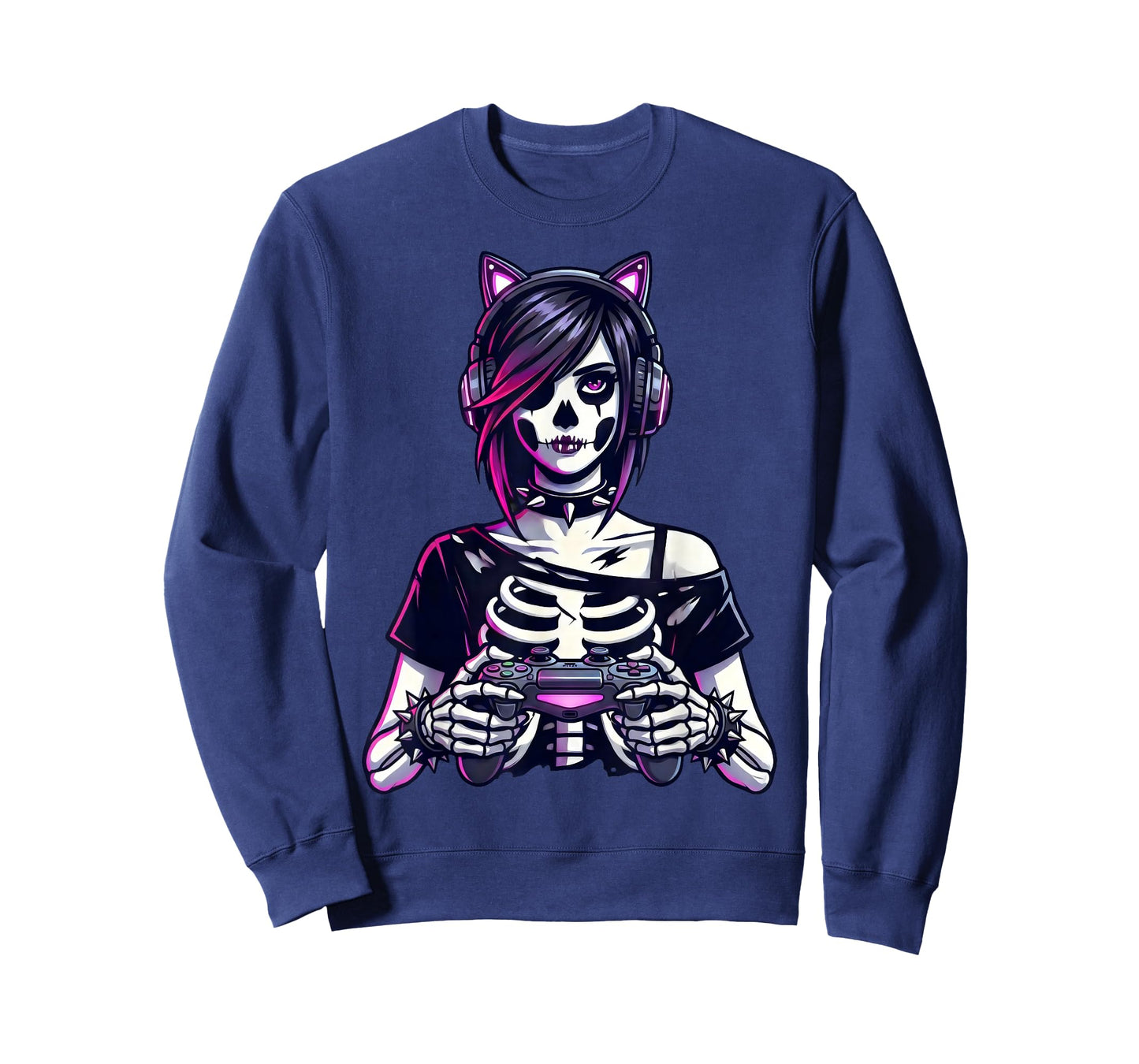Gamer Goth Girl Emo Skeleton Cat Ear Gothic Art T-Shirt
