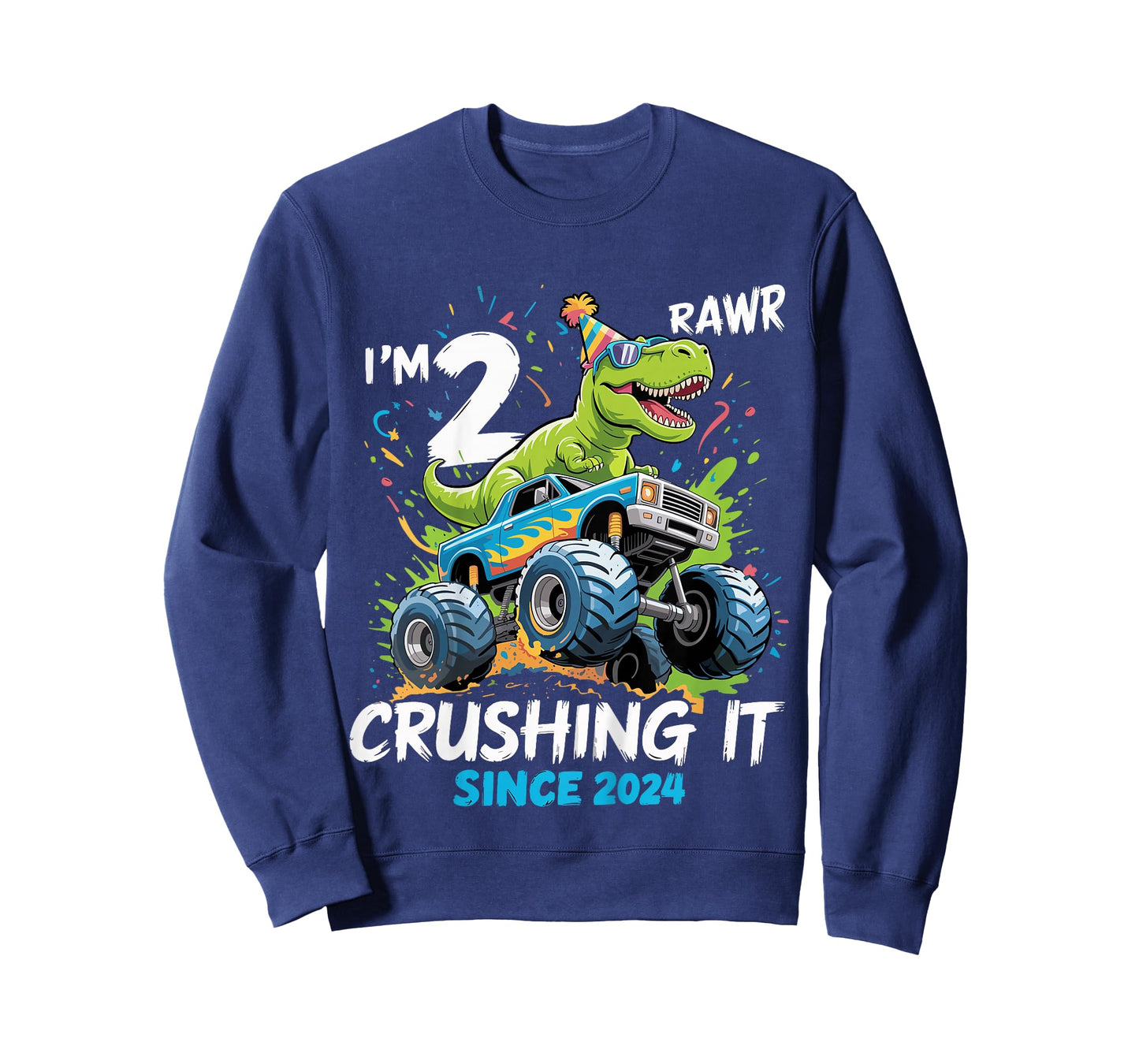 Kids 2nd Birthday Monster Truck Dinosaur 2 Year Old boy Born 2024 T-Shirt