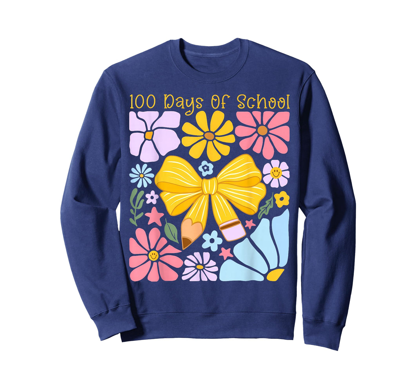 100 Days of School Pencil Bow Flowers Milestone Kid Teacher T-Shirt