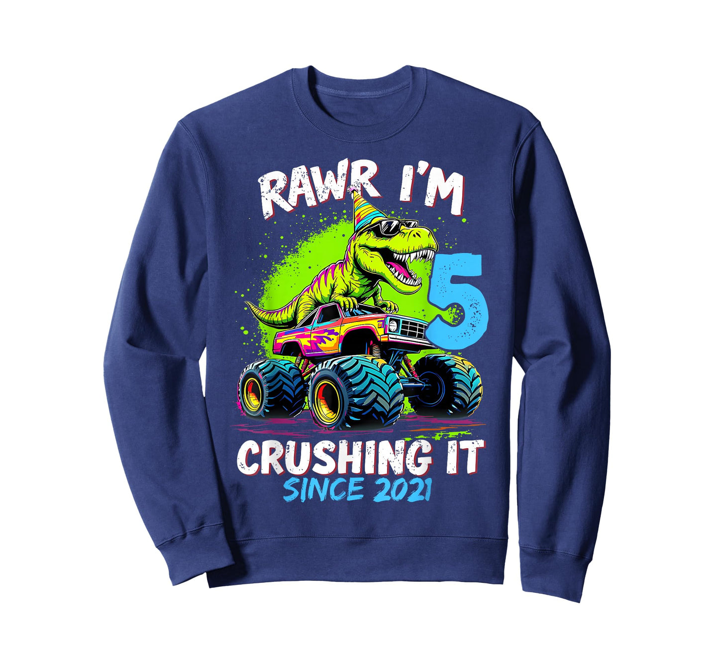 5th Birthday Monster Truck Dinosaur 5 Year Old Boy Born 2021 T-Shirt