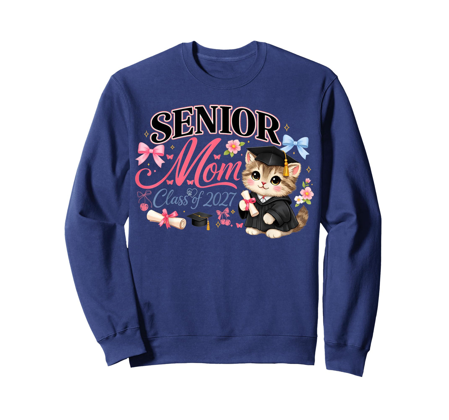 Senior Mom Class of 2027 Cute Cat Graduation Pink Bows Girls T-Shirt
