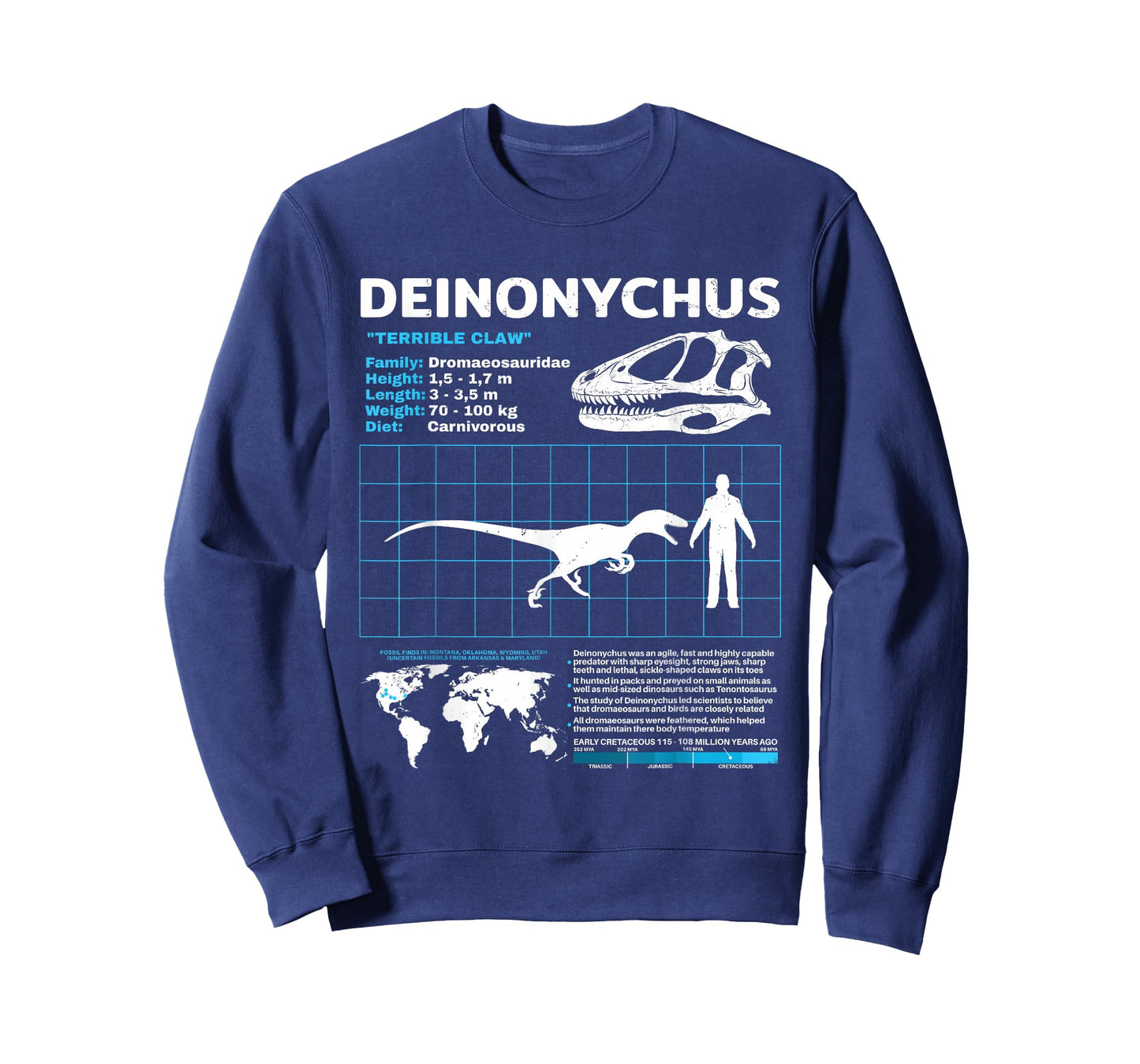 Deinonychus Fact Sheet Skull Fossil T-Shirt