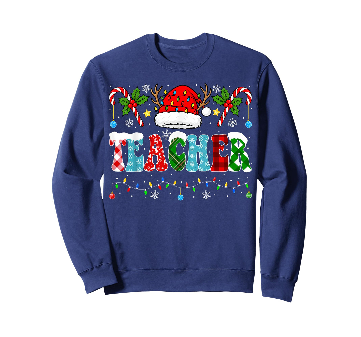 Santa Hat Teacher Christmas Lights Funny Christmas Teacher T-Shirt