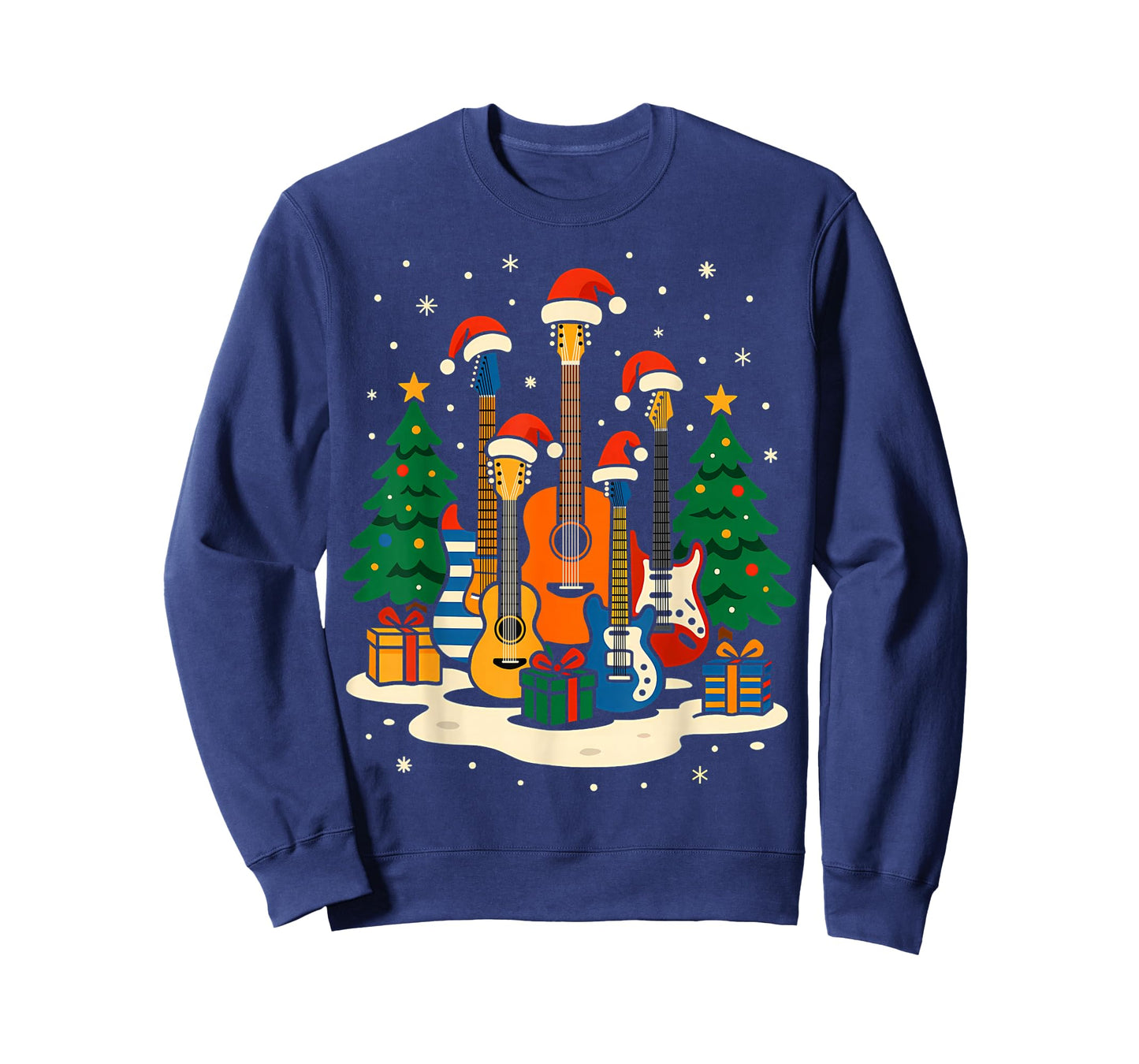 Guitar Santa Hat Christmas Tree Light Funny Music Lover Xmas T-Shirt