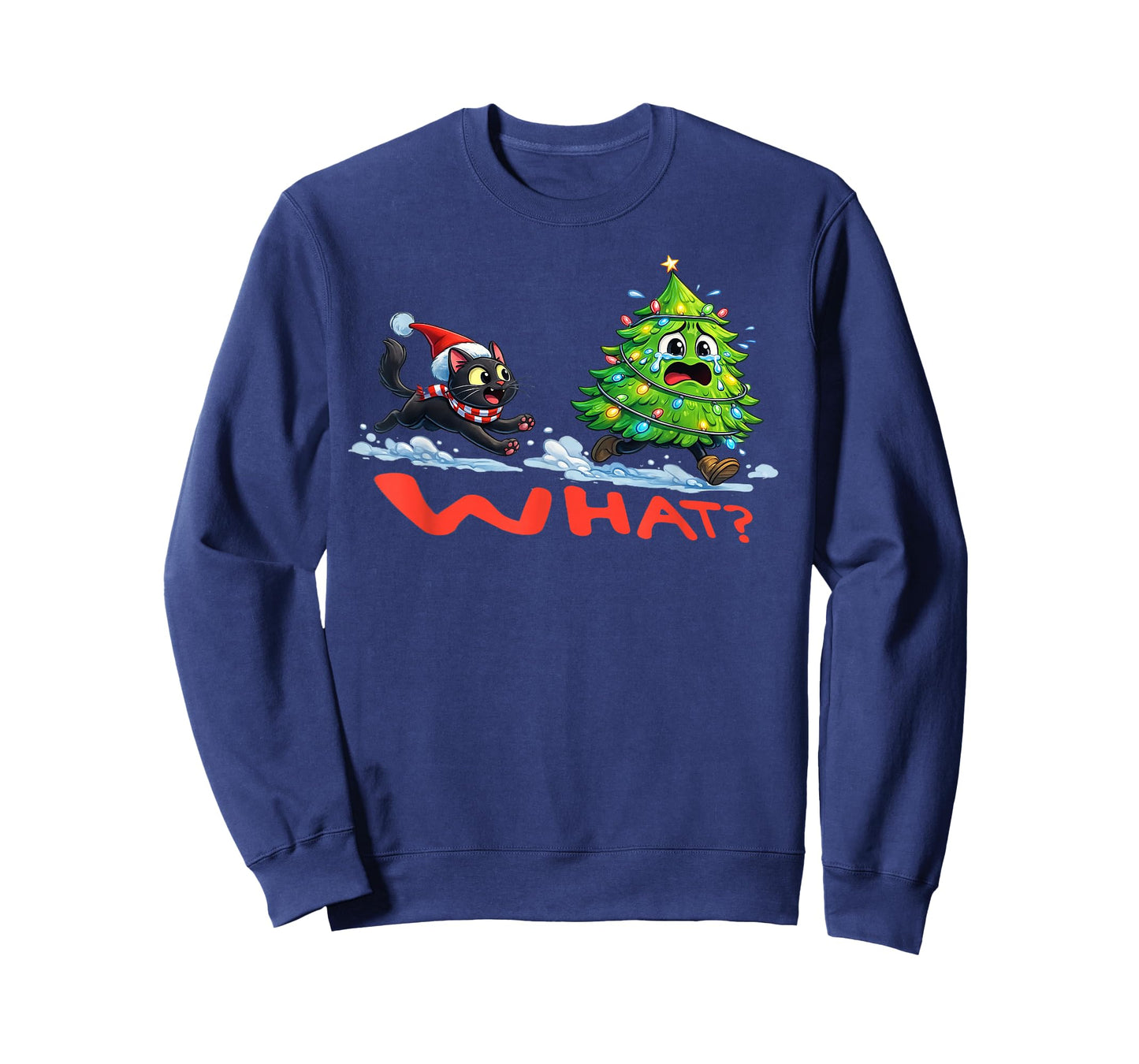 Funny Black Cat Gifts Chasing Christmas Tree Over Cat What? T-Shirt