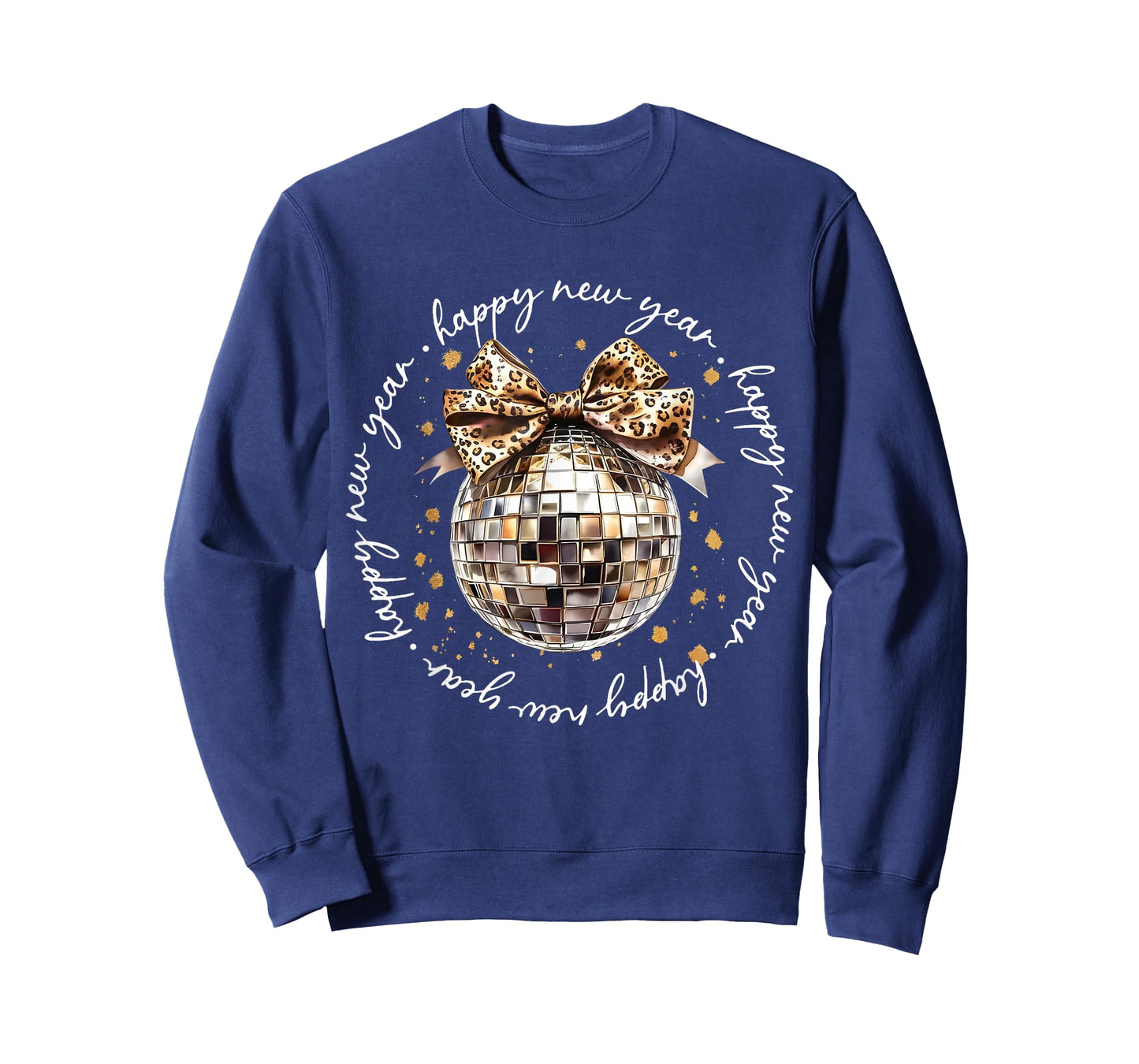 Happy New Year 2026 Disco Ball Leopard Pattern Bow Groovy T-Shirt