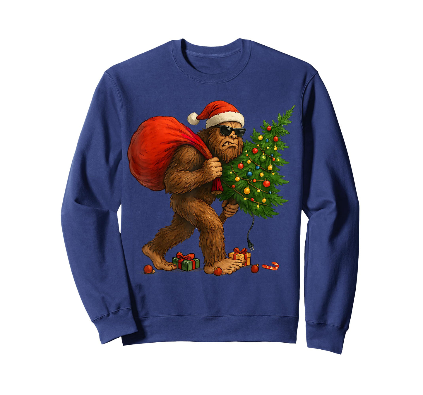Bigfoot Stealing Christmas Tree Lights Xmas Boys Men Sasquax T-Shirt