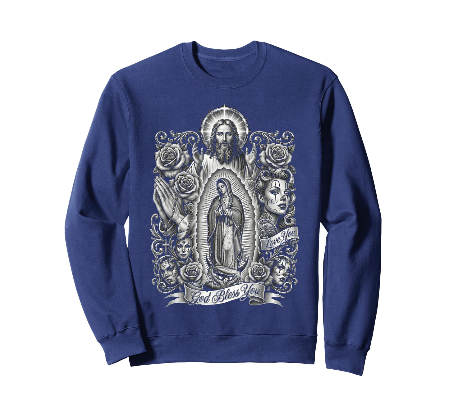 Chicano Style Payasa Jesus Virgin Mary Rosary Religious Art T-Shirt