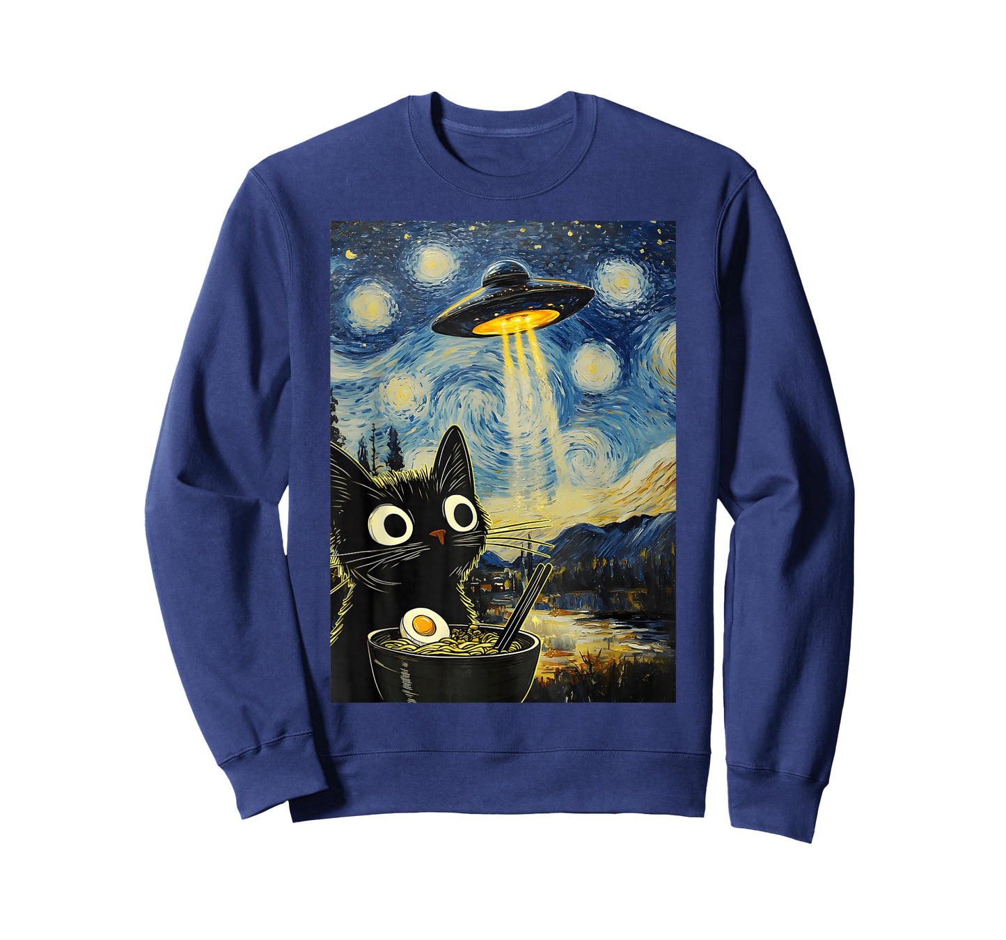 Kawaii Cat Ramen UFO Starry Night Retro Japanese Anime T-Shirt