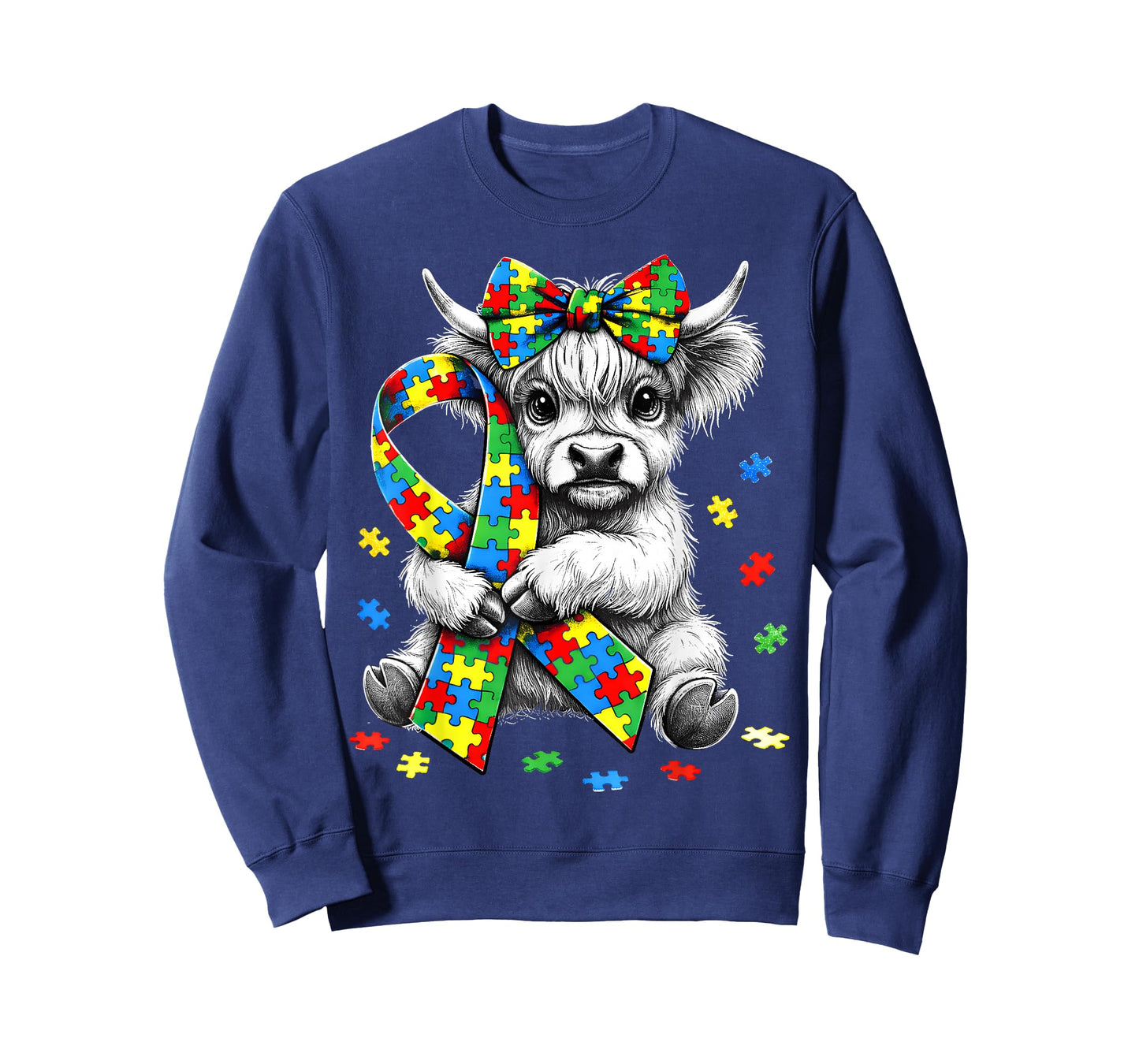 Highland Cow Autism Awareness Puzzle Ribbon Coquette Bow T-Shirt