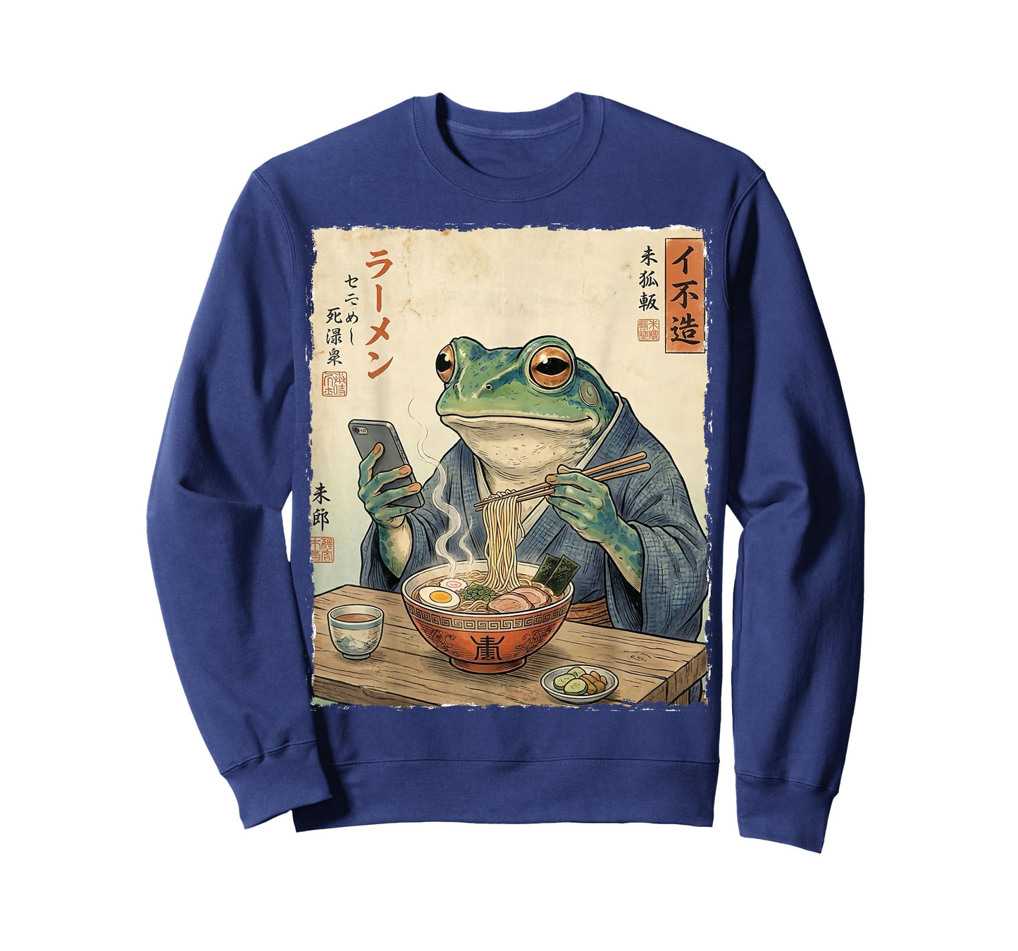 Funny Grumpy Frog Eat Ramen and Scroll Phone Japanese Art T-Shirt