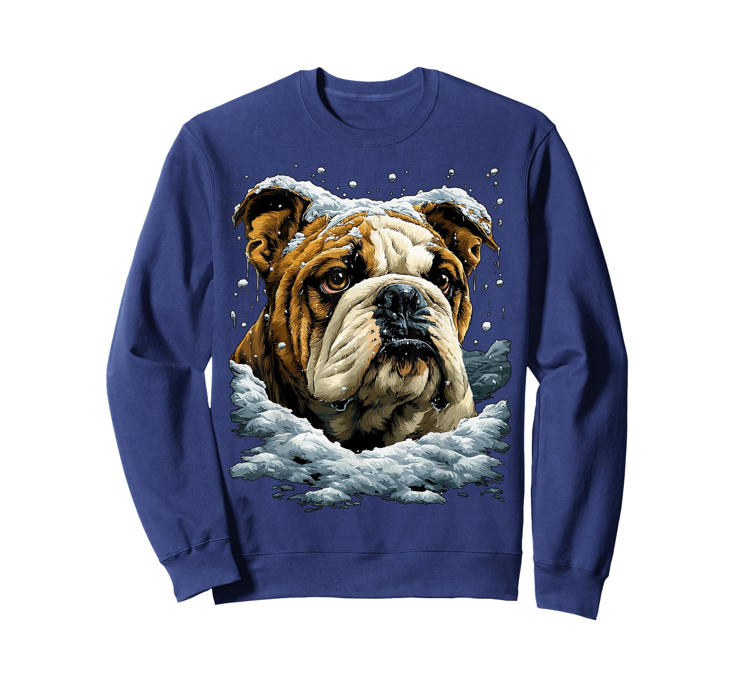 Snowy British Bulldog with Snow and Snowflakes Winter Dog T-Shirt