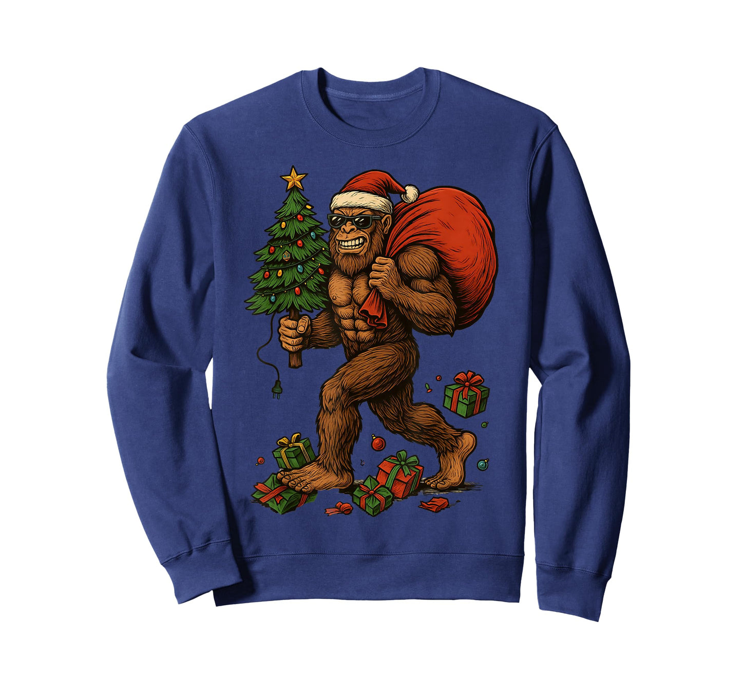 Bigfoot in Sunglasses Funny Santa Christmas Tree Lights Xmas T-Shirt