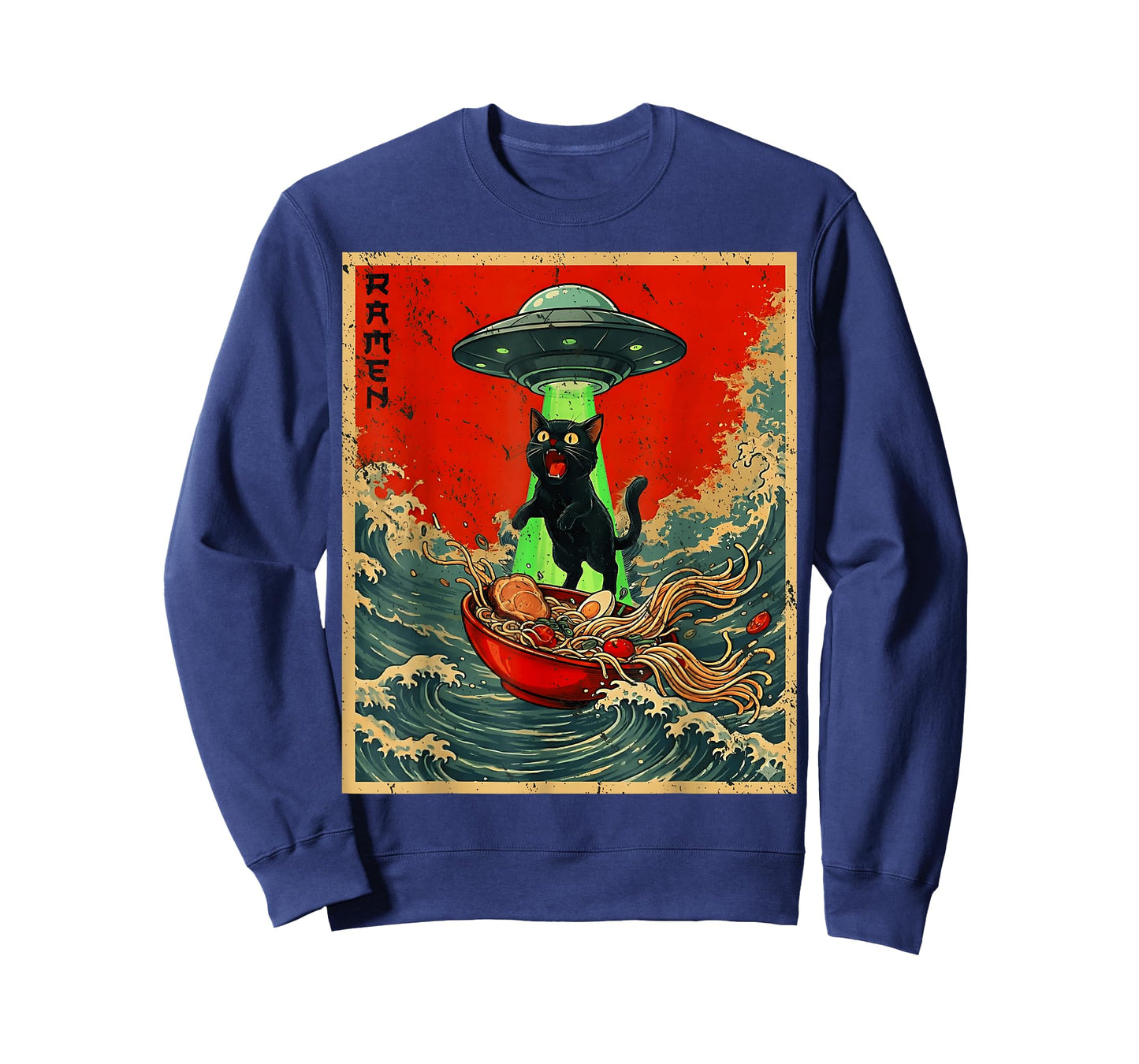 Vintage Japanese Cat Alien Ramen Dad UFO Funny Cats Graphics T-Shirt