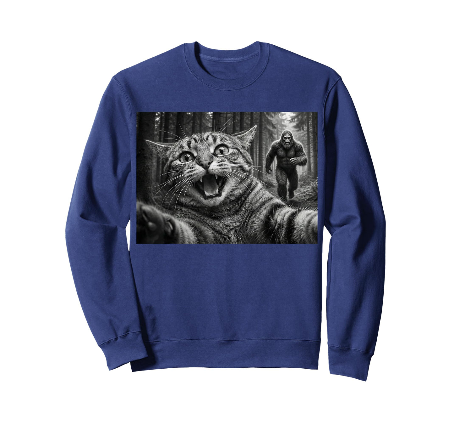 Funny Cat Selfie with Bigfoot Sasquatch Chase in Woods T-Shirt