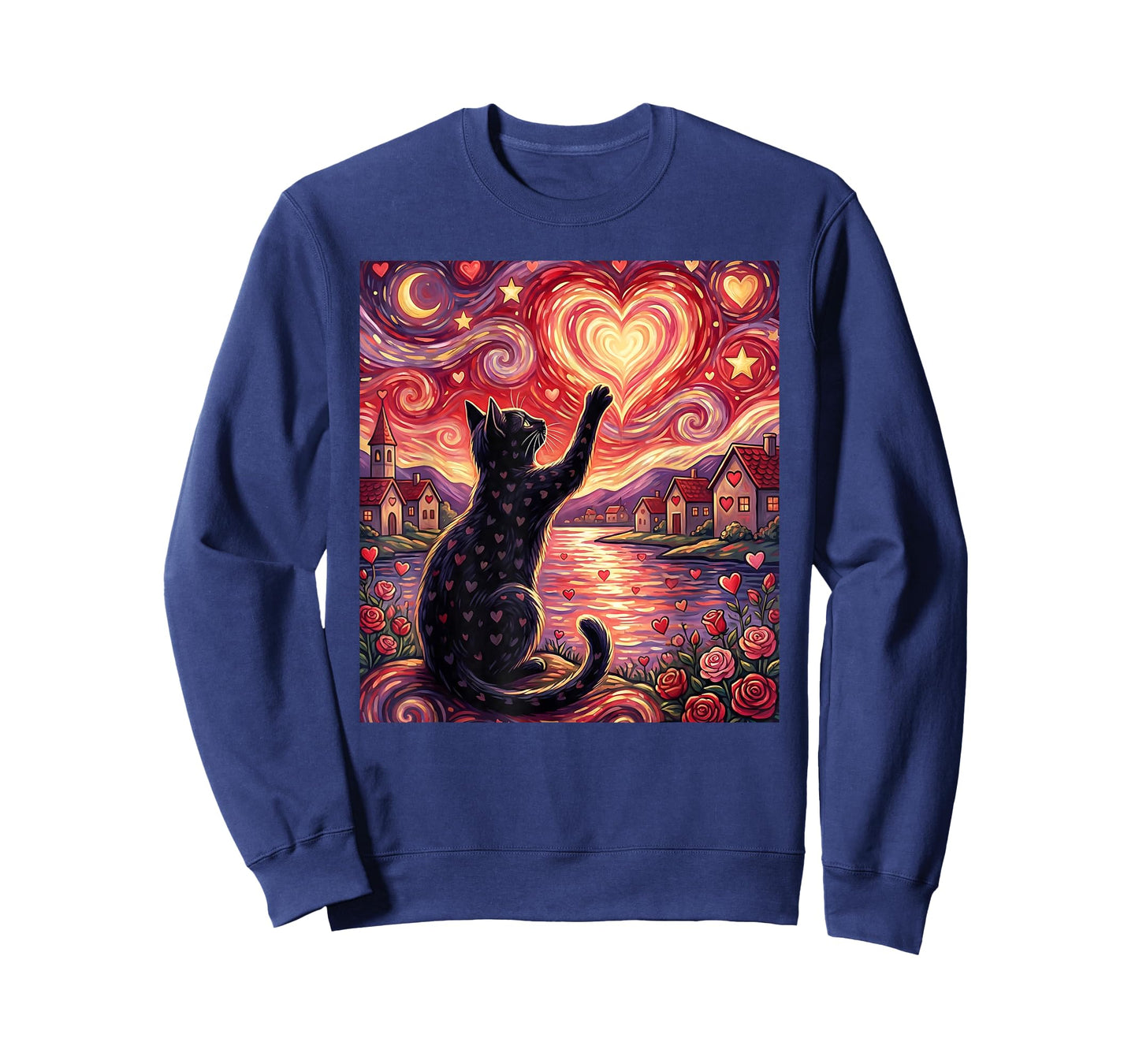 Starry Nights Cat Valentine Love-Hearts Roses Van-Gogh T-Shirt