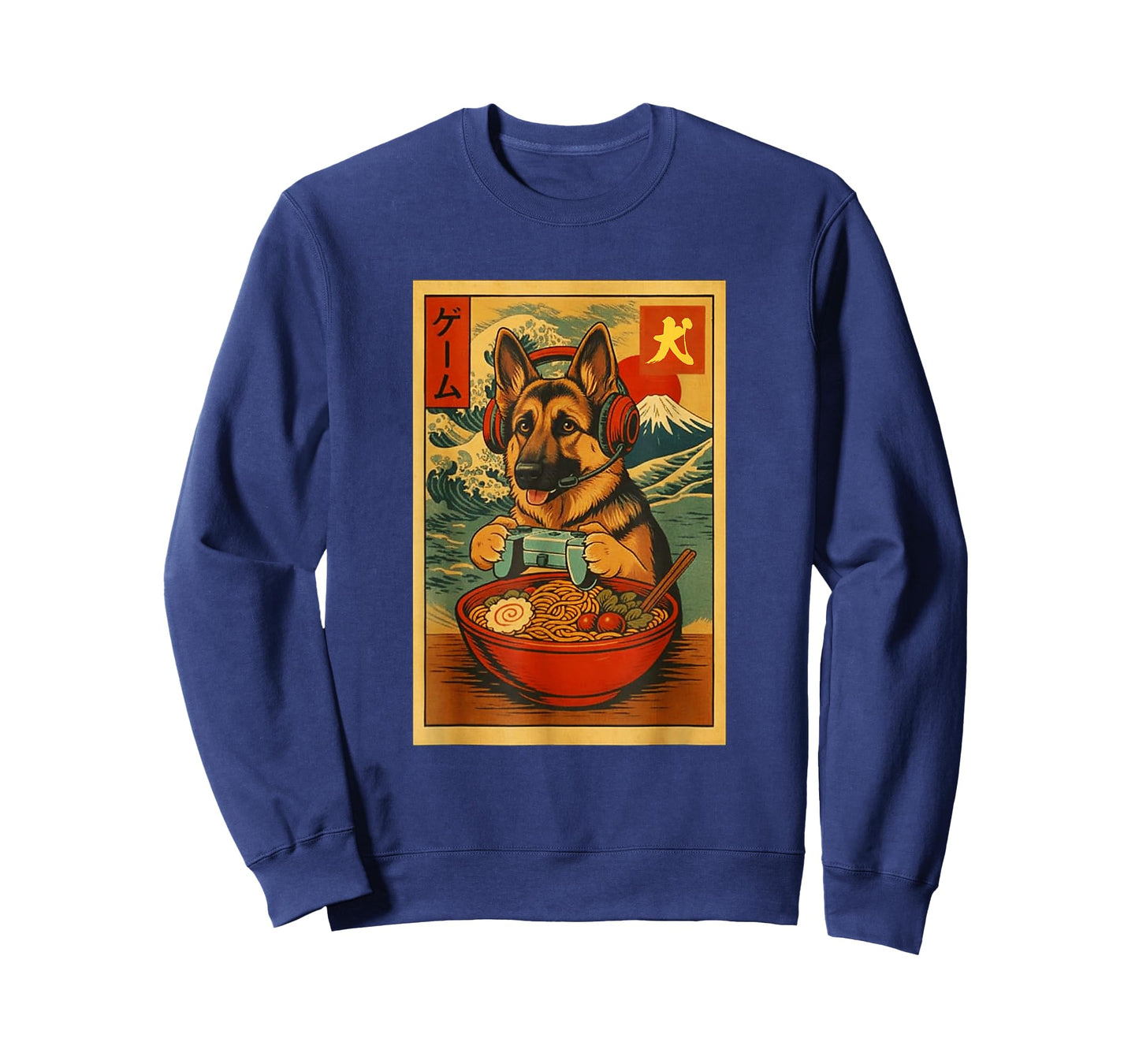 German Shepherd Gaming Ramen Ukiyo-e Great Wave Retro Art T-Shirt