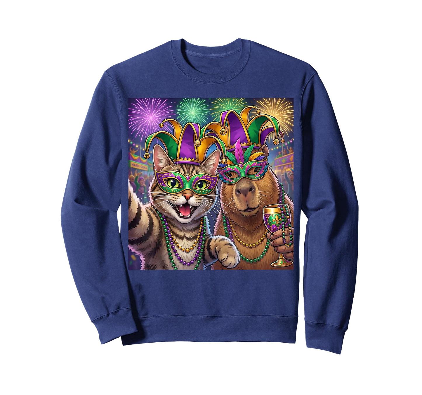 Funny Cat Capybara Selfie Mardi Gras Carnival Party Art T-Shirt