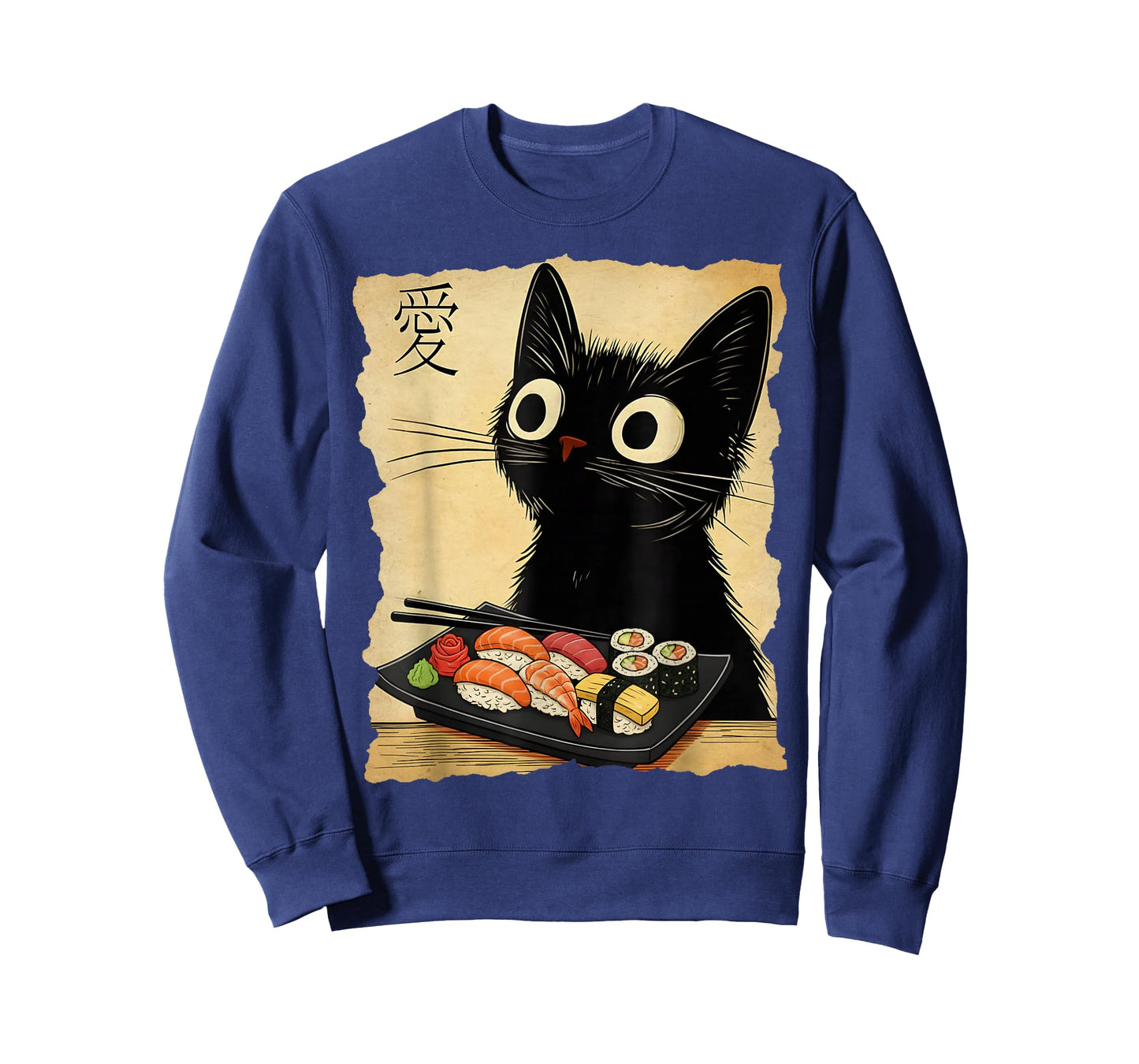 Retro Japanese Cat Sushi Cute Black Funny Kawaii Cat Anime T-Shirt