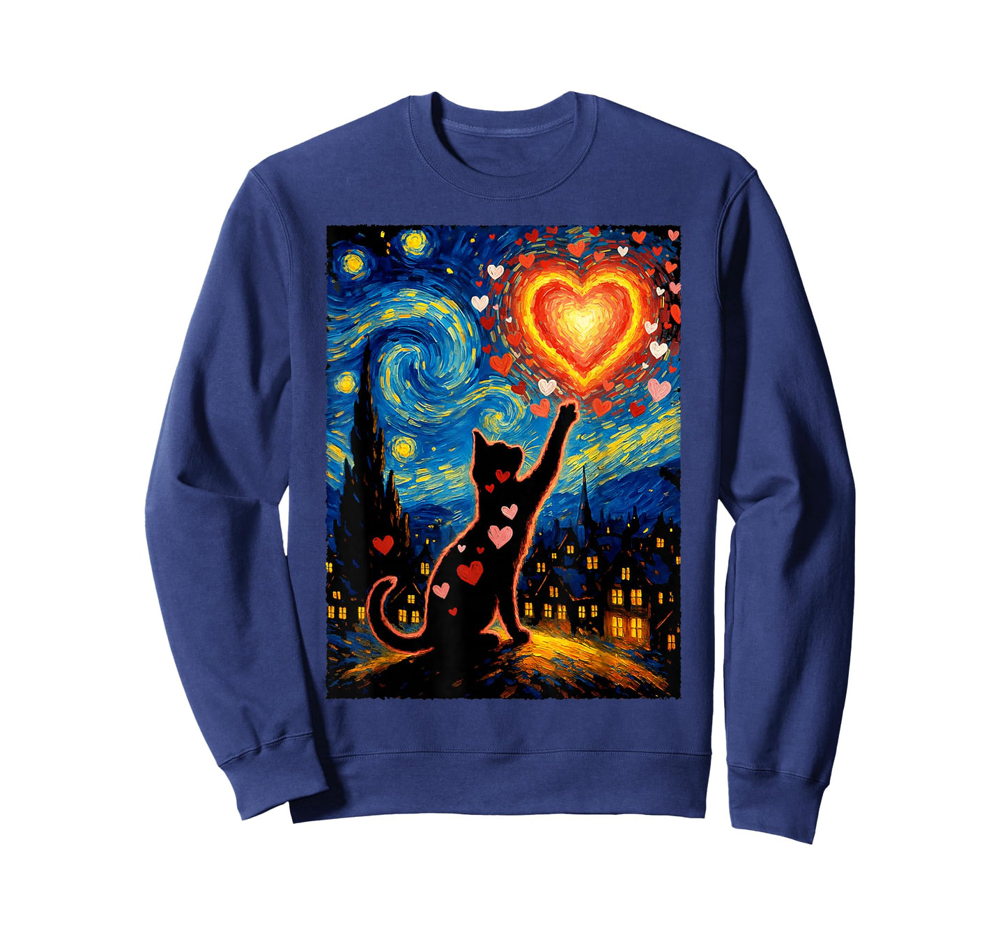 Romantic Cat Van Gogh Starry Night Valentine Art Lovers T-Shirt